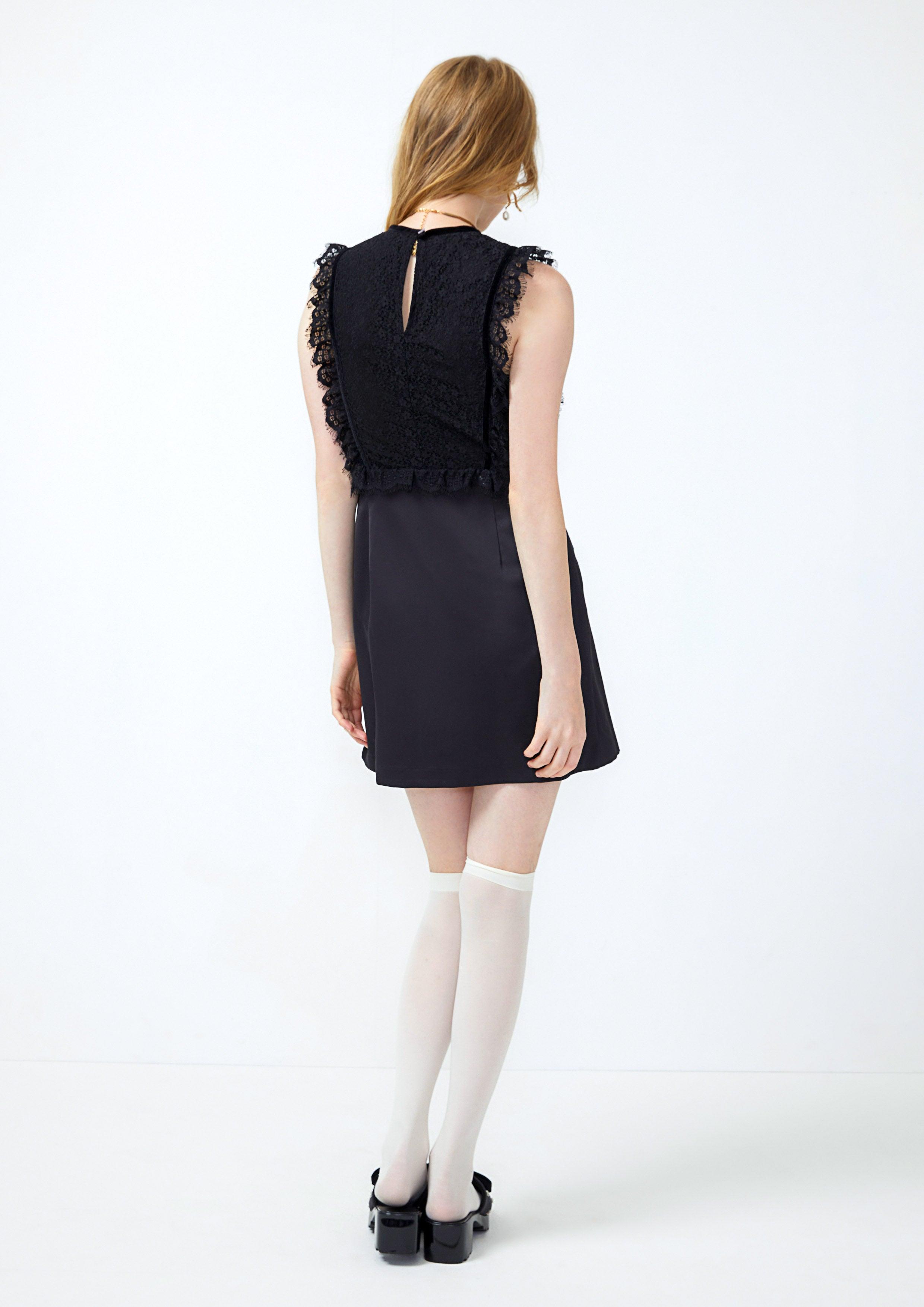 Lost in Museum Lace Trim Sleeveless Mini Dress Black