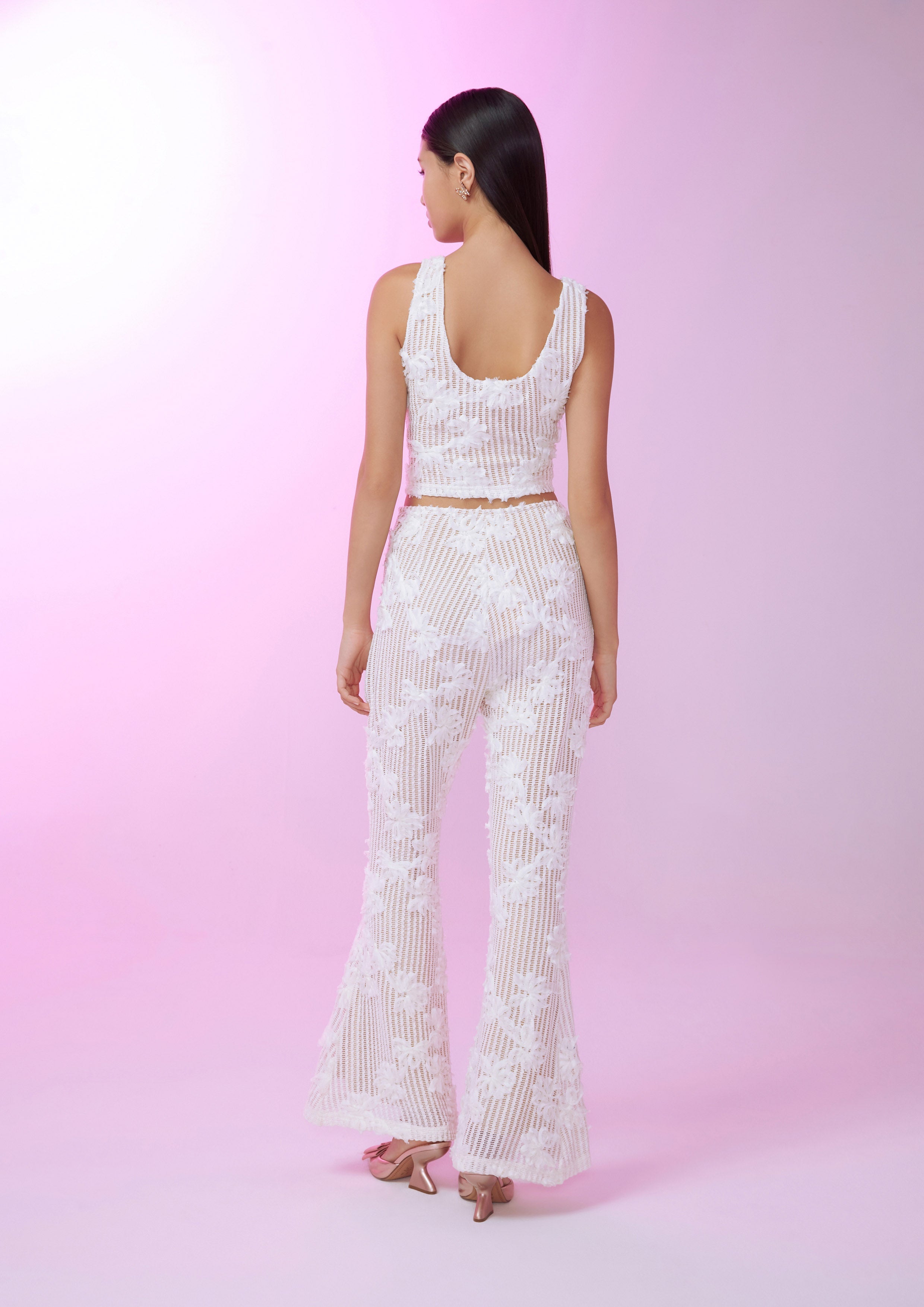 Floral Applique Mesh Flared Pants Lost In Museum Collection