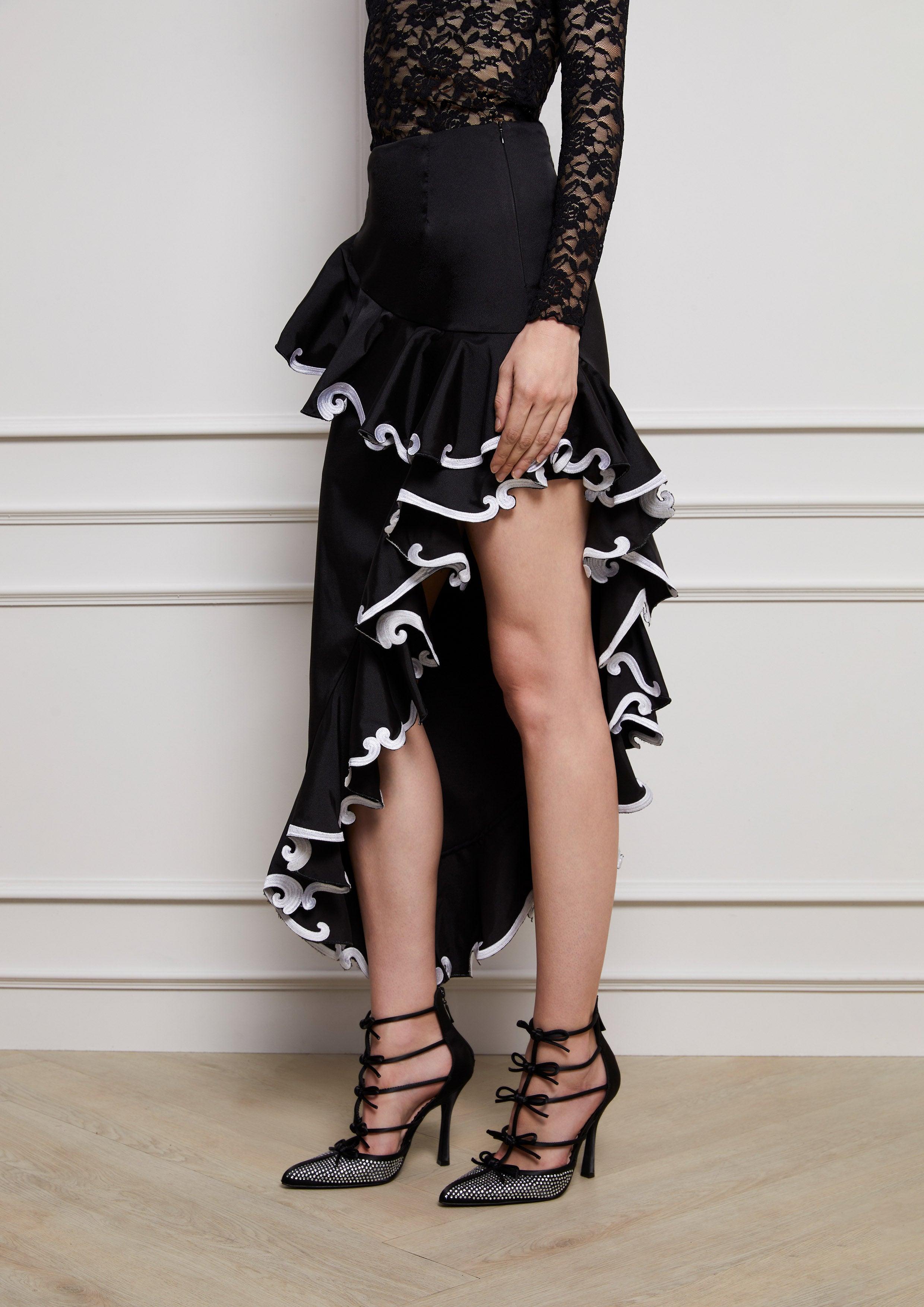 Lost in Museum Ruffled Ornamental Asymmetrical Midi Skirt Black