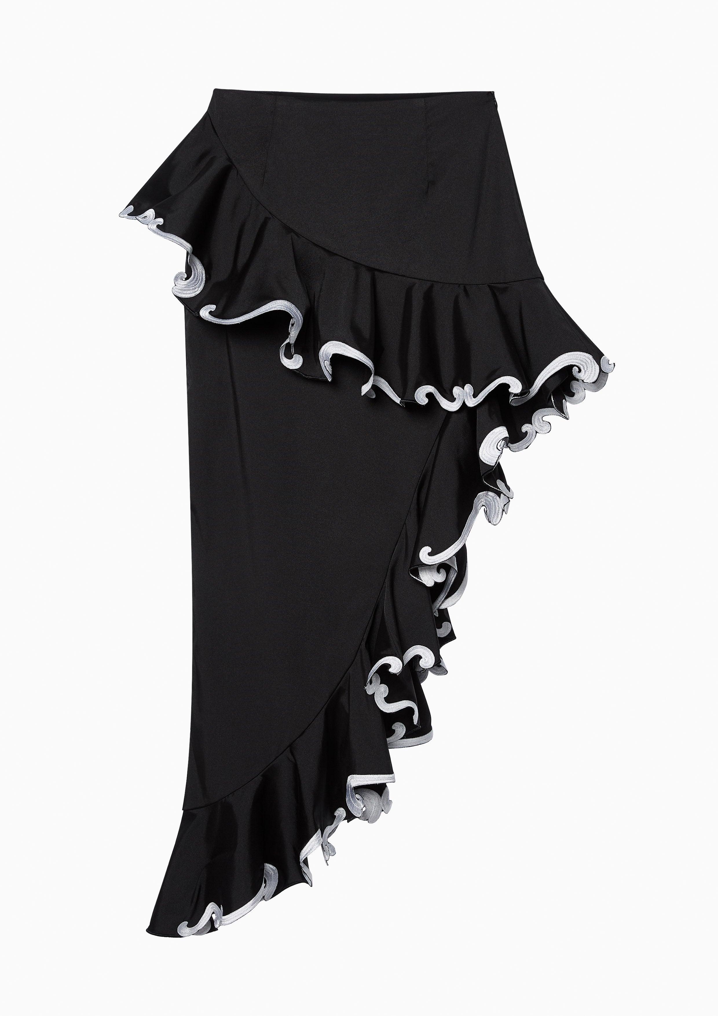 Lost in Museum Ruffled Ornamental Asymmetrical Midi Skirt Black