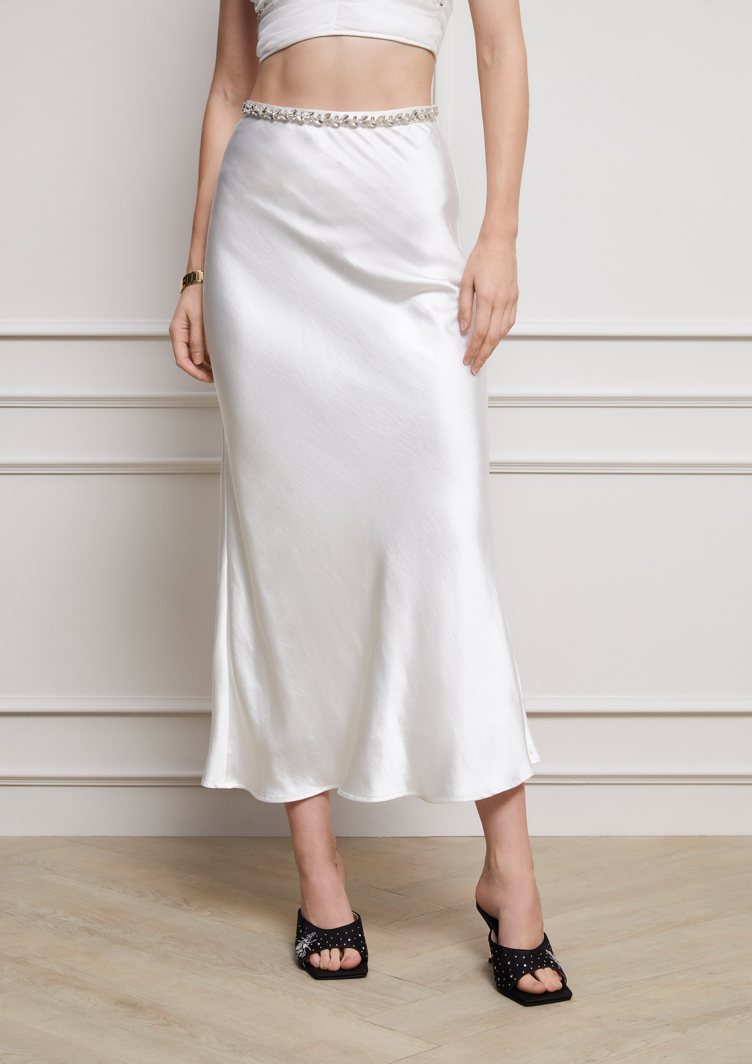 Crystal Waist Satin Skirt White