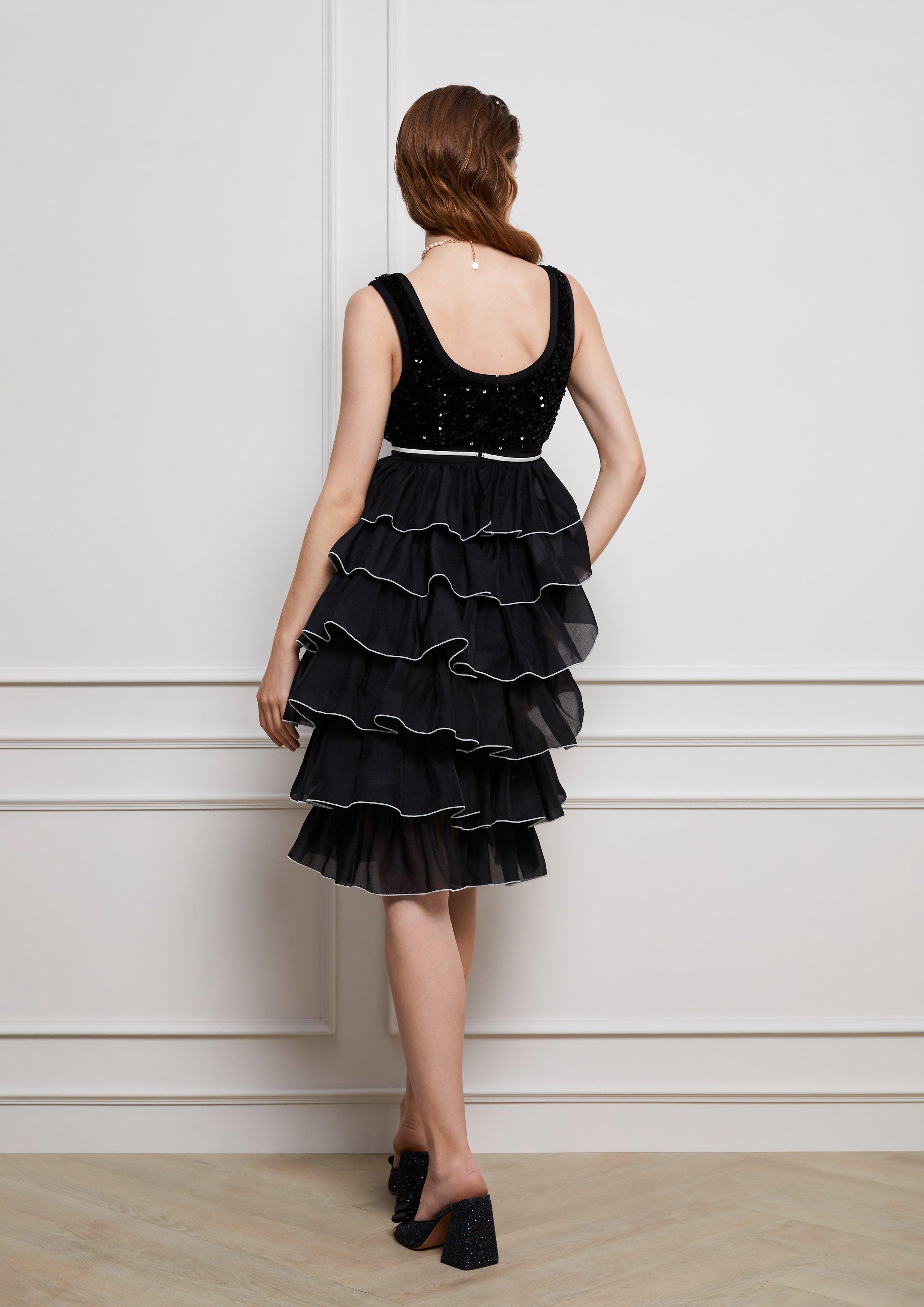 Lost in Museum Sequin Sleeveless Ruffle Skirt Dress Black