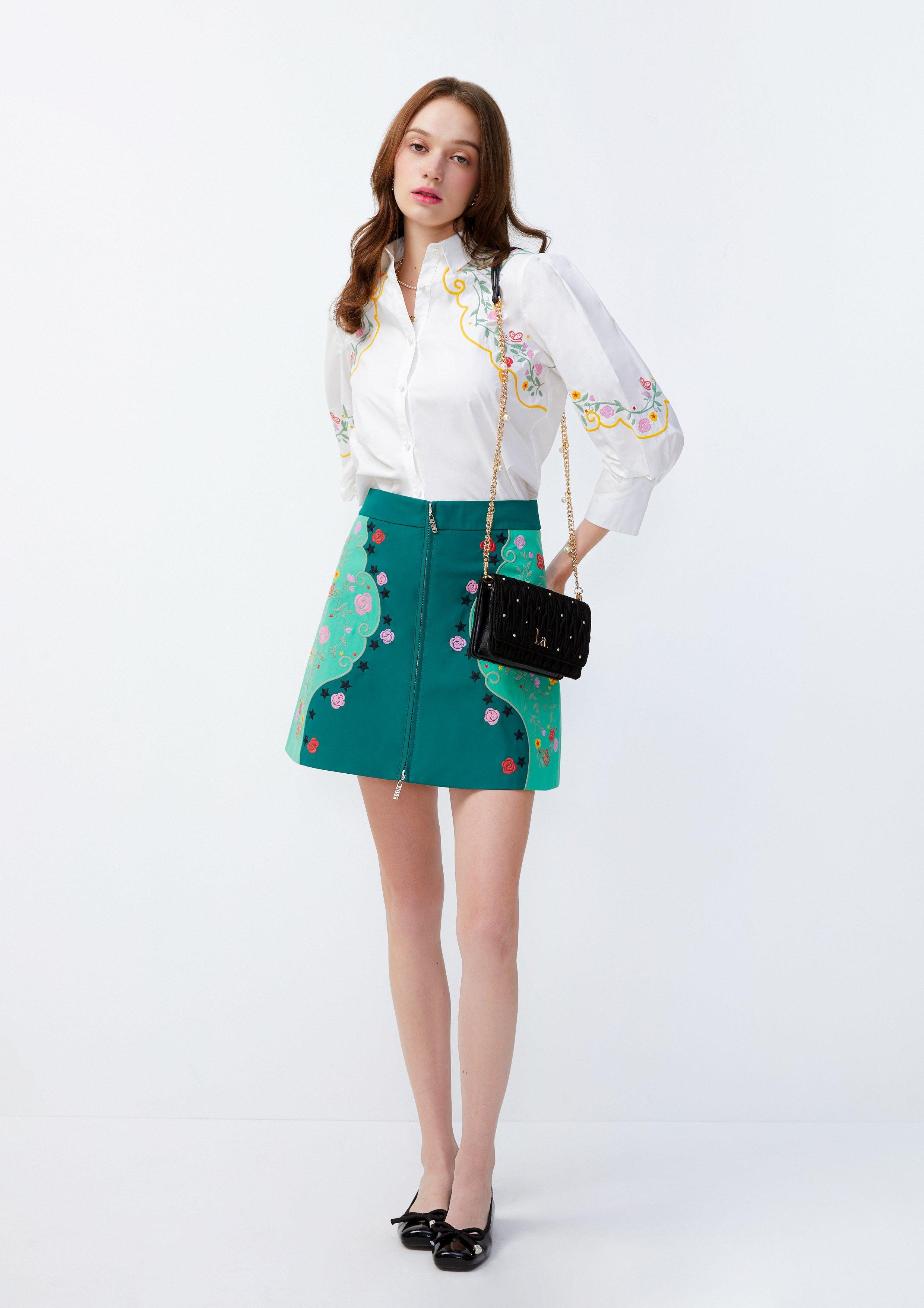 Lost in Museum Elegant Floral Whimsy Mini Skirt Green