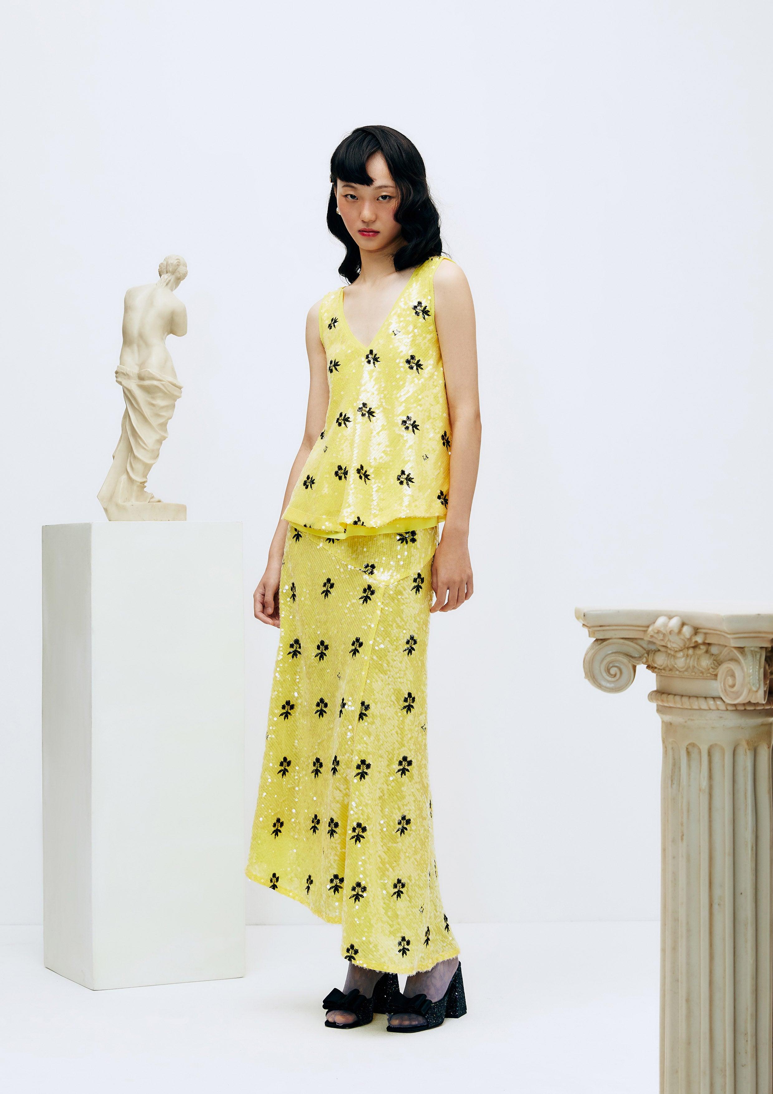 Lost in Museum Sequin Asymmetrical Skirt Yellow