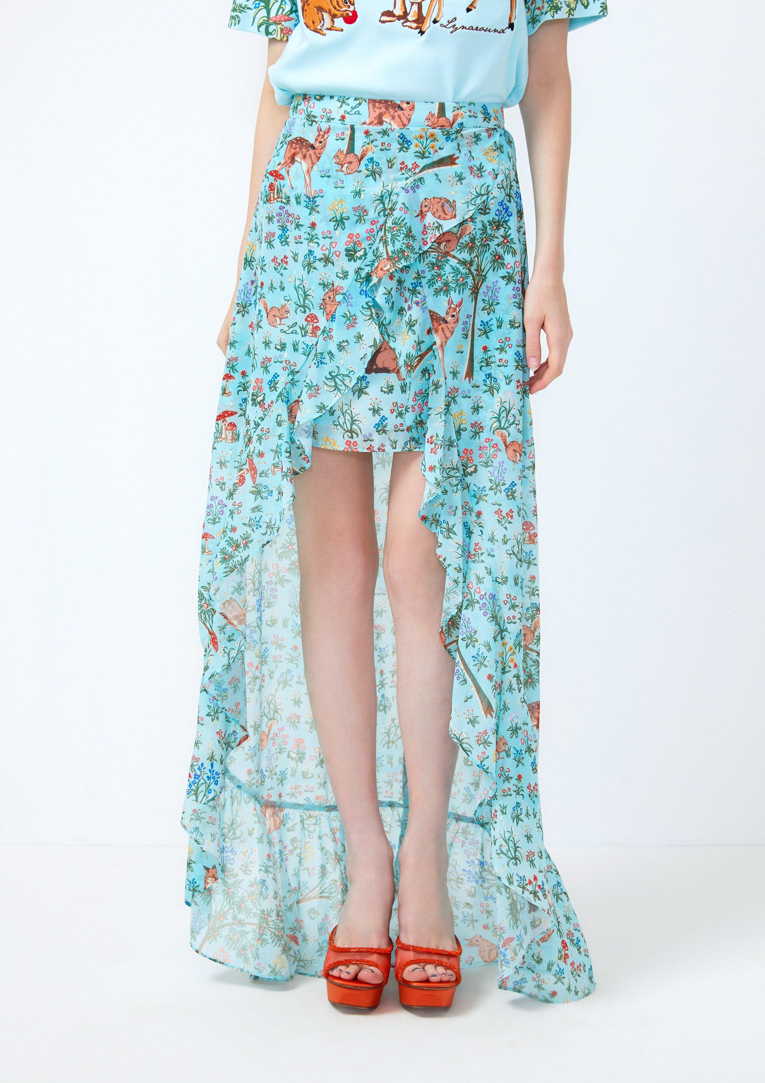 Lost in Museum  Asymmetric Maxi Skirt Printed Green