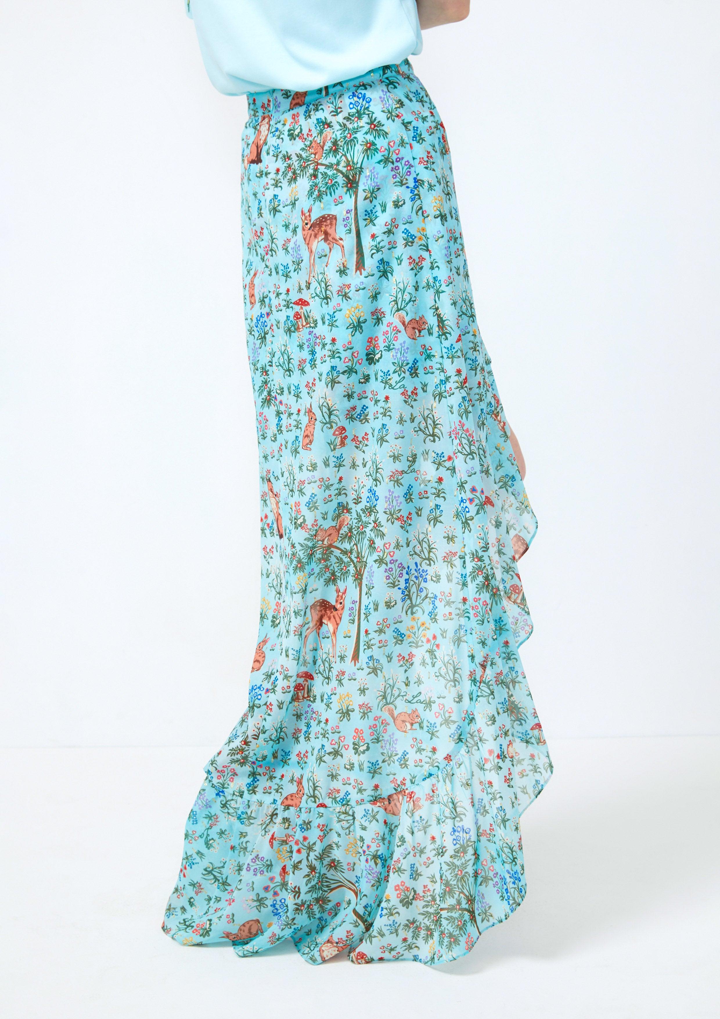 Lost in Museum  Asymmetric Maxi Skirt Printed Green