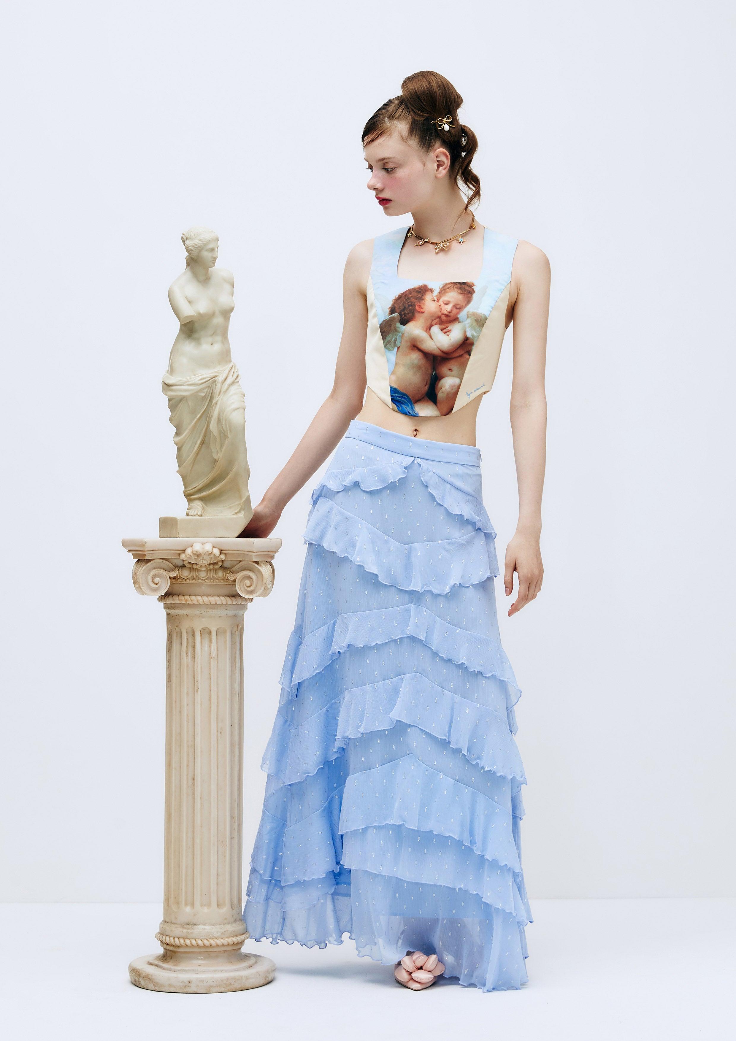 Lost in Museum Layered Ruffled Maxi Skirt Blue