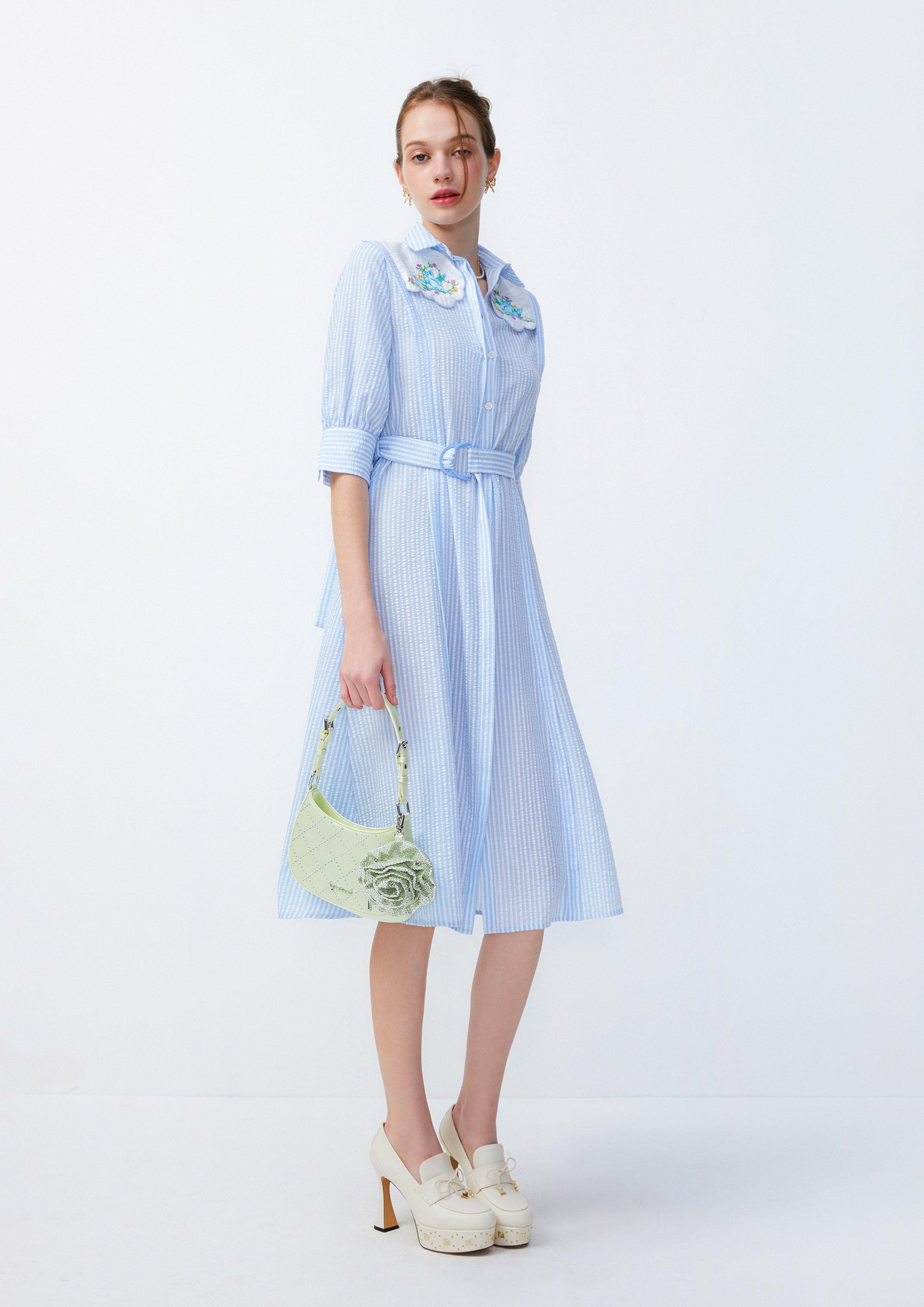 Lady Blue Bird Seersucker Midi Dress Blue Lost in Museum Collection