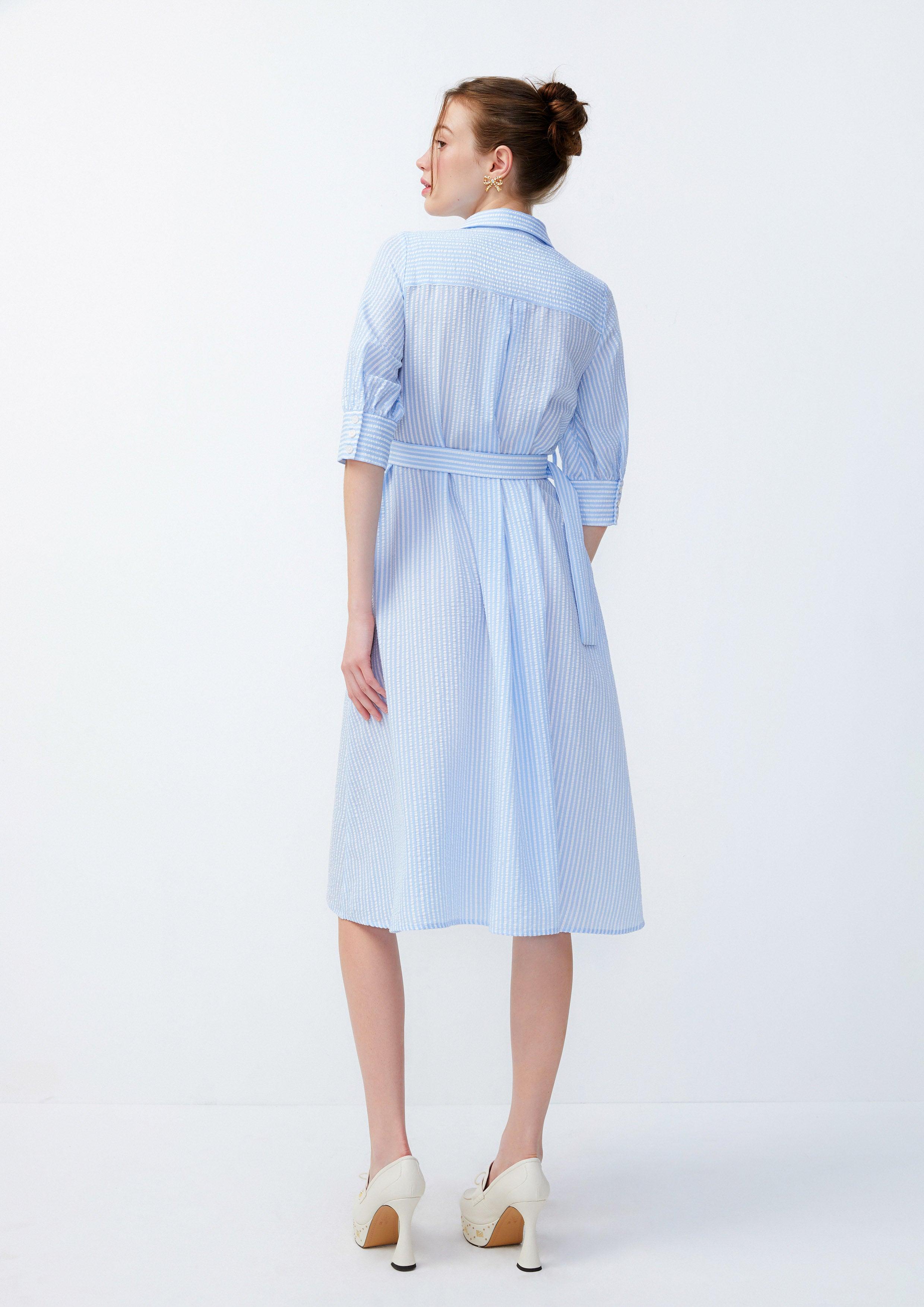 Lady Blue Bird Seersucker Midi Dress Blue Lost in Museum Collection