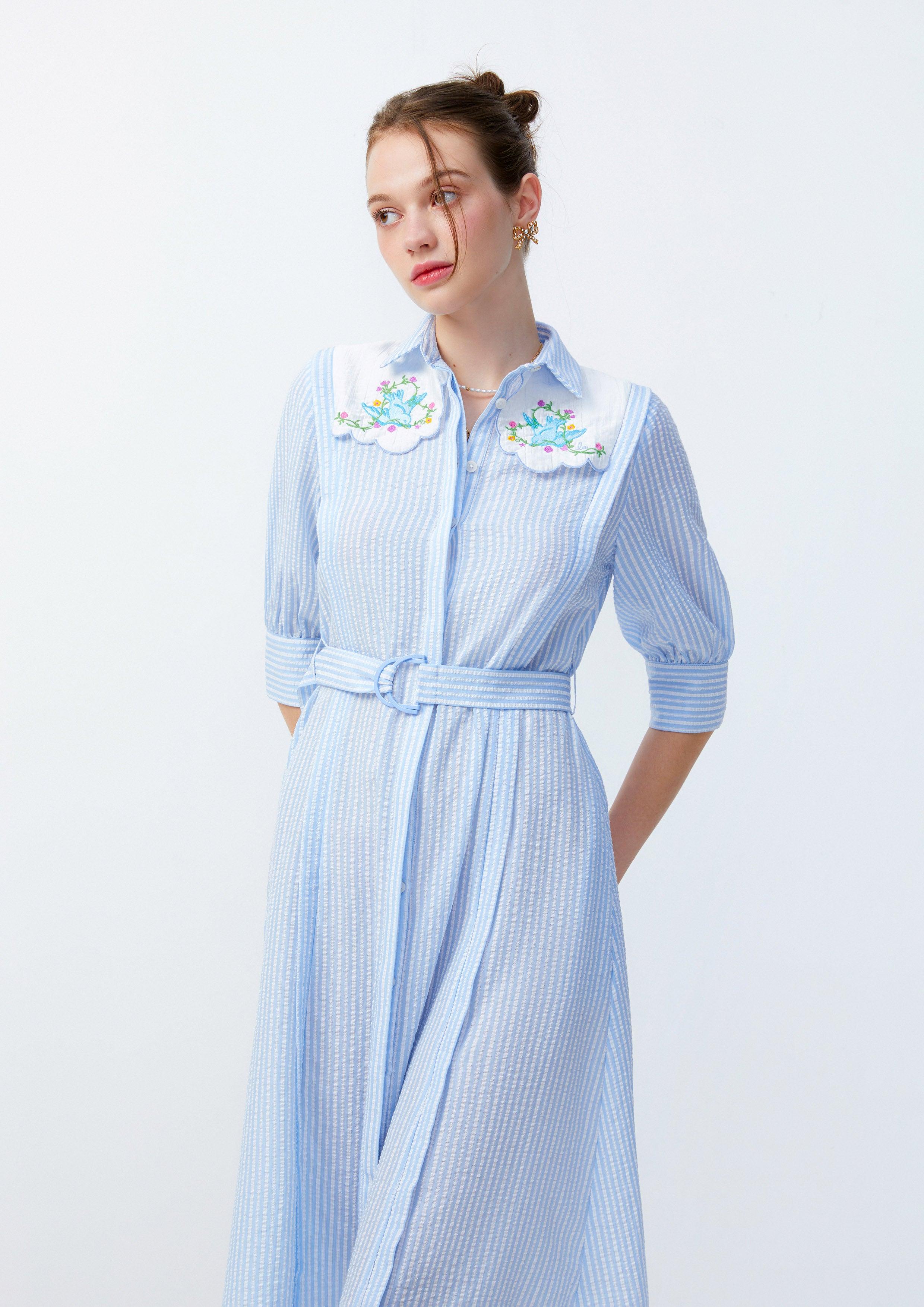 Lady Blue Bird Seersucker Midi Dress Blue Lost in Museum Collection