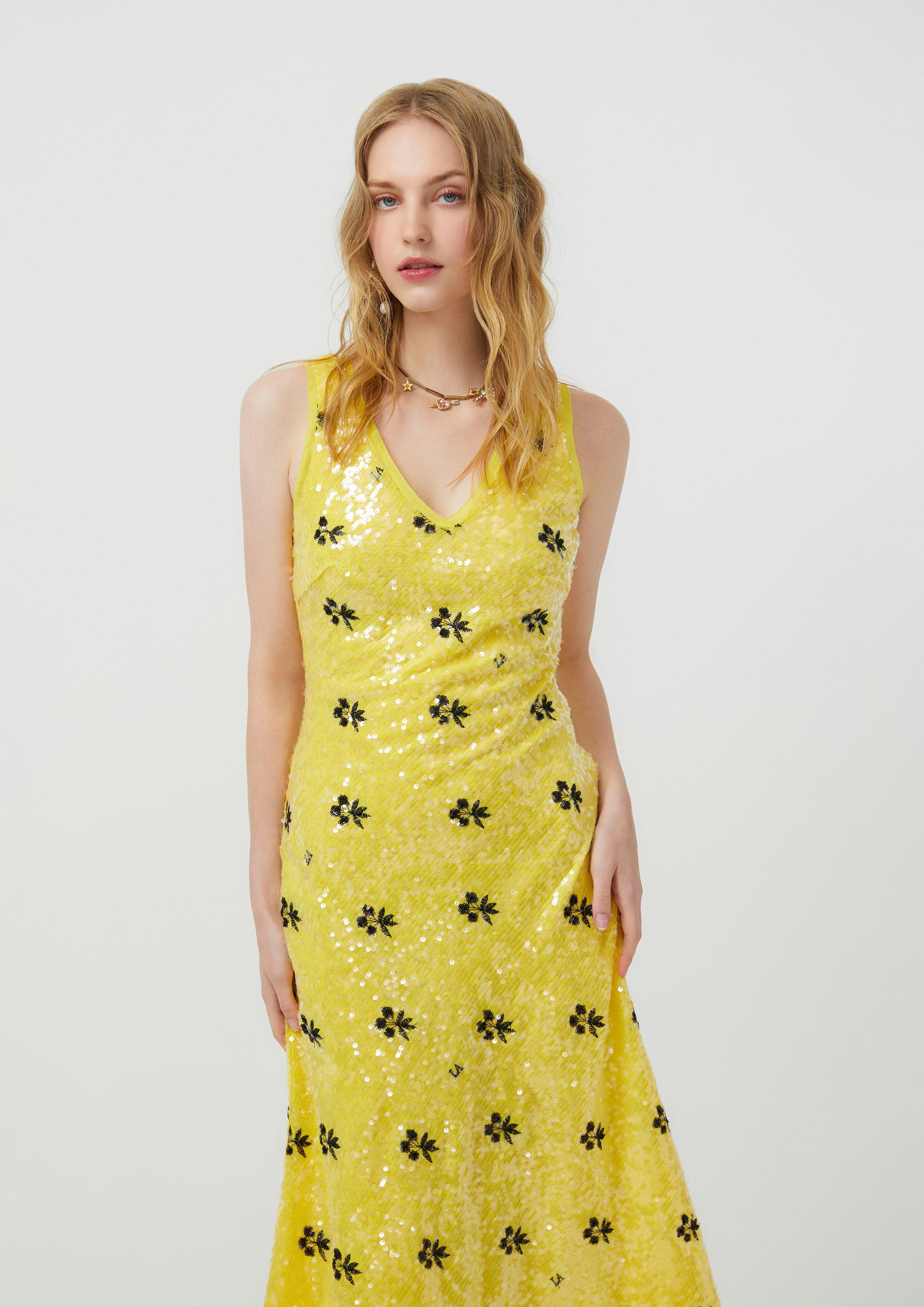 Lost in Museum Sequin Sleeveless Dress Yellow