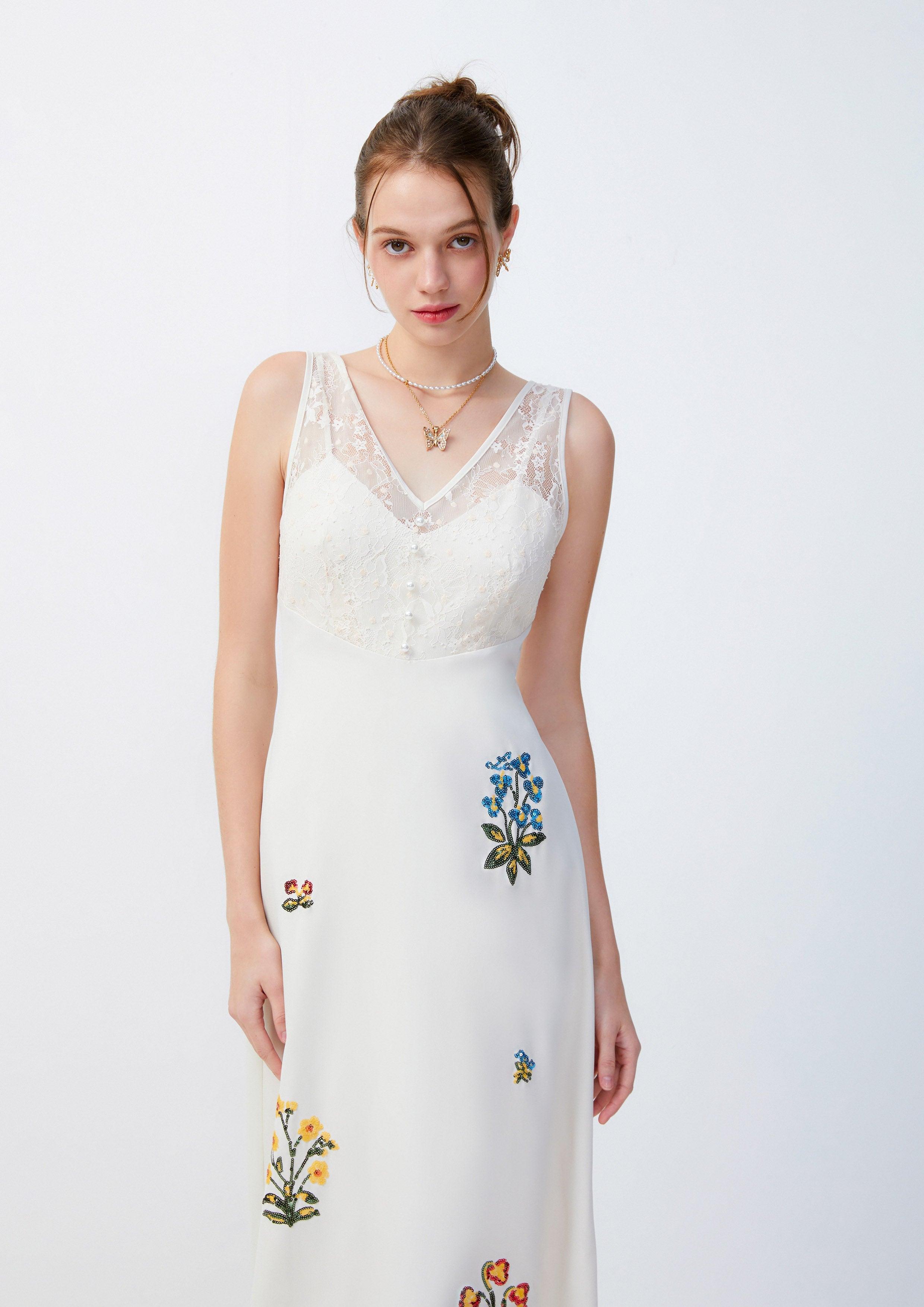 Lost in Museum Lace Sequin Dress Cream