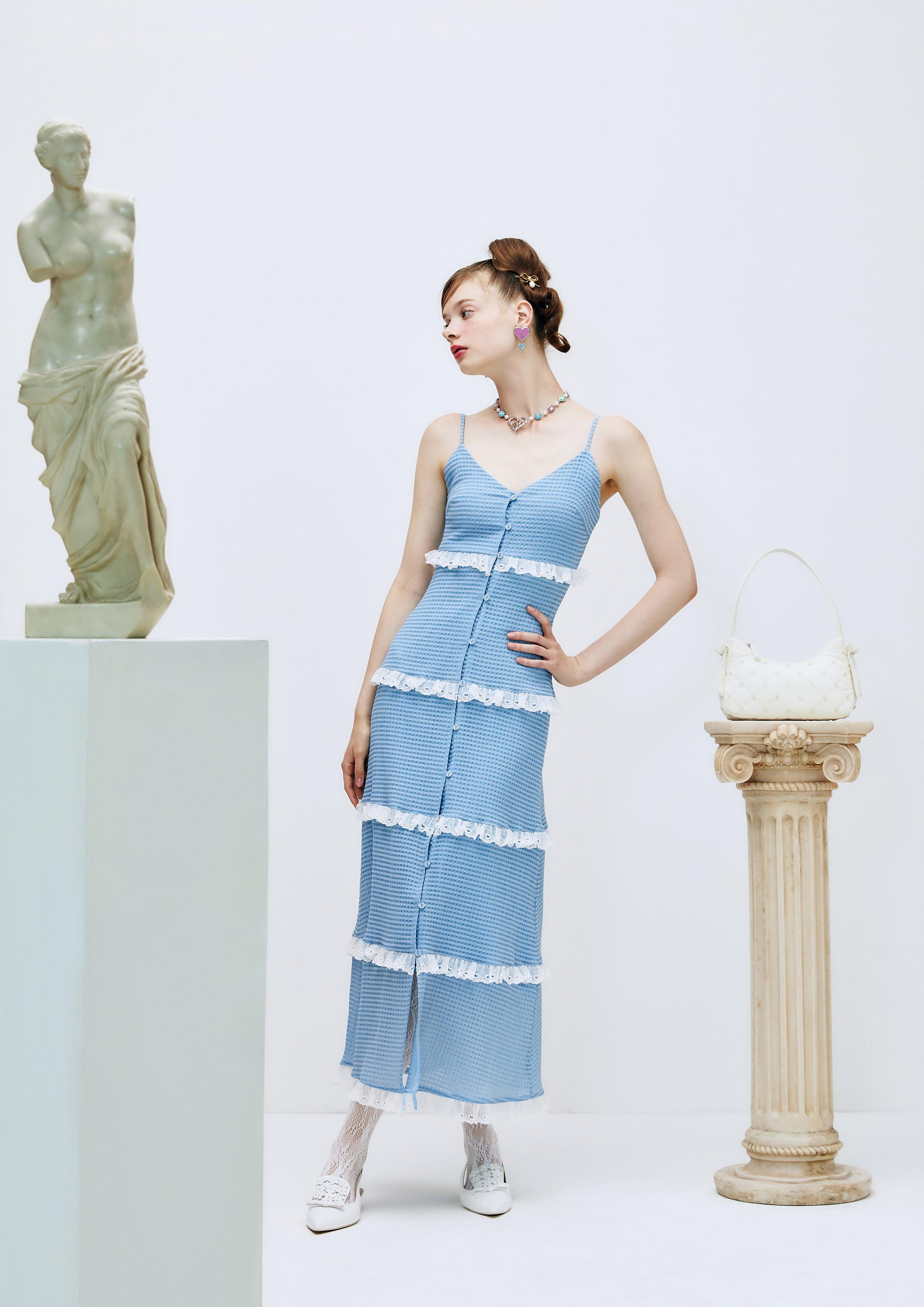 Lost in Museum Ruffled Laced Maxi Dress Blue