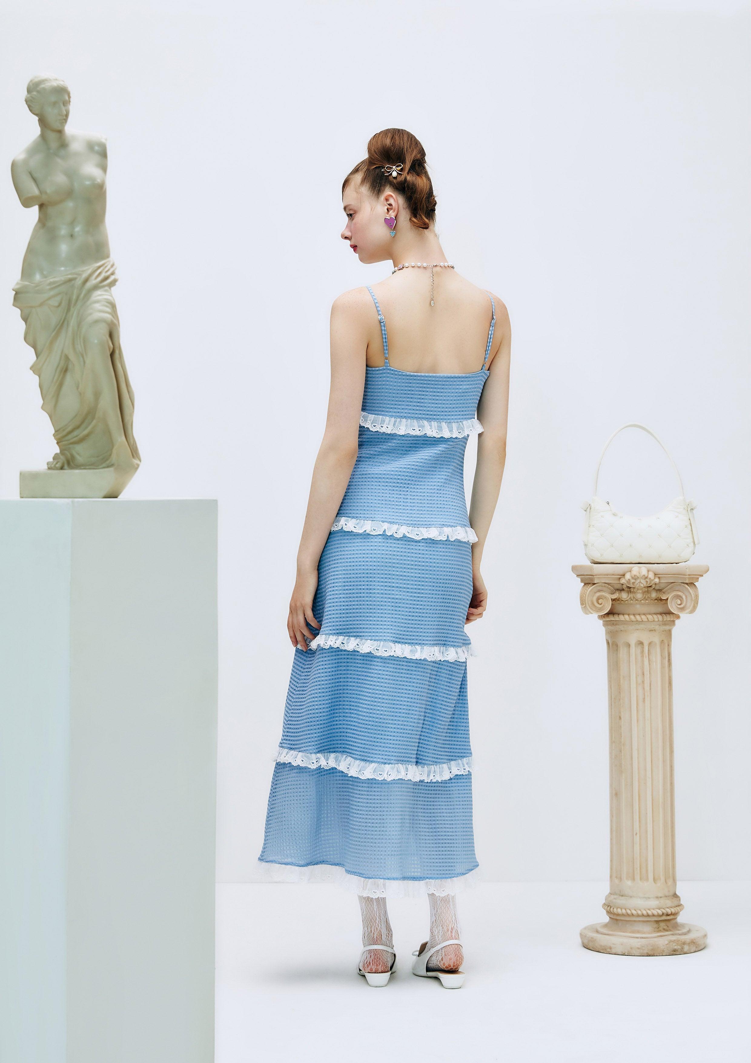 Lost in Museum Ruffled Laced Maxi Dress Blue