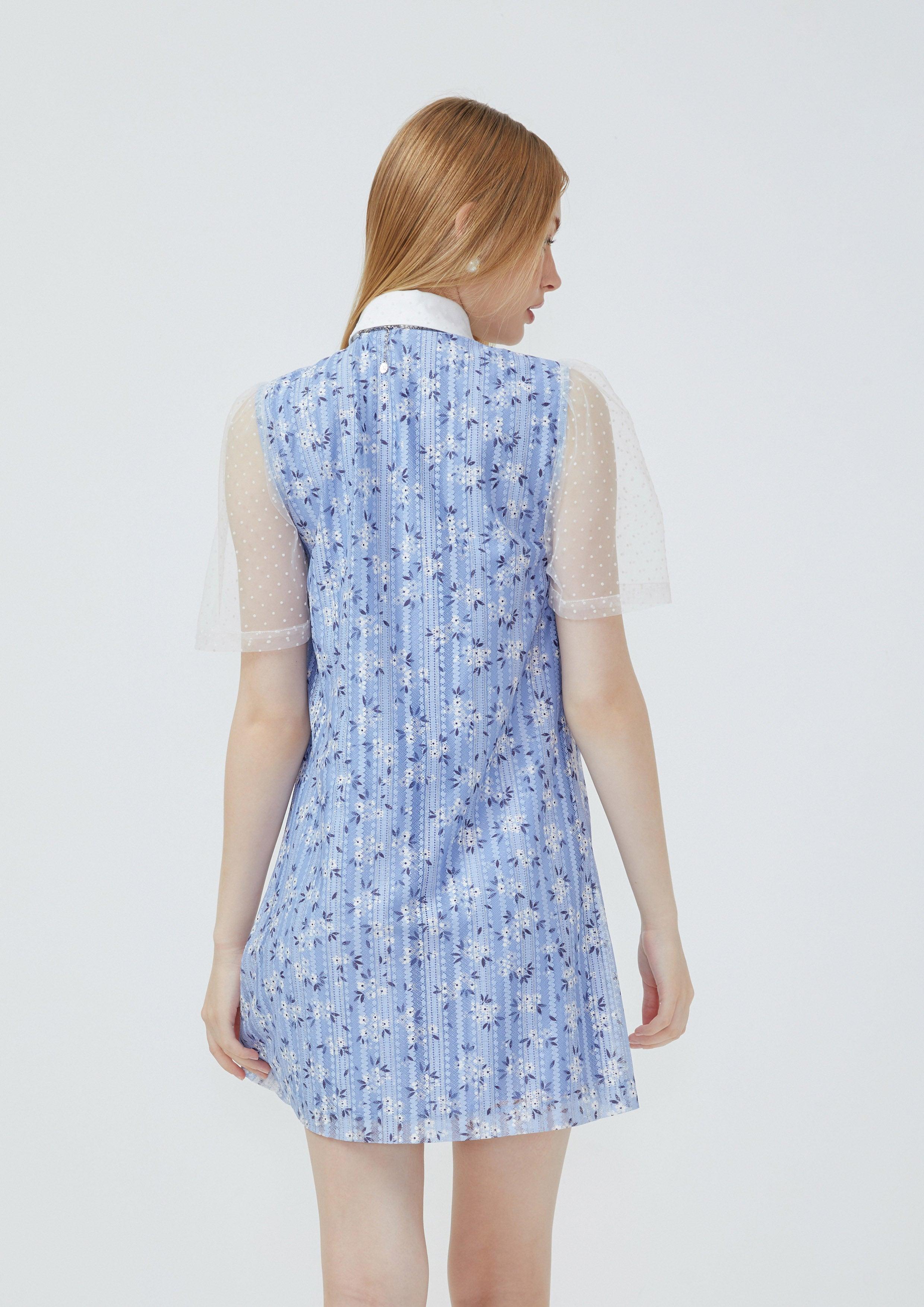 Lost in Museum Azure Mini Dress With Sheer Short Sleeves Blue