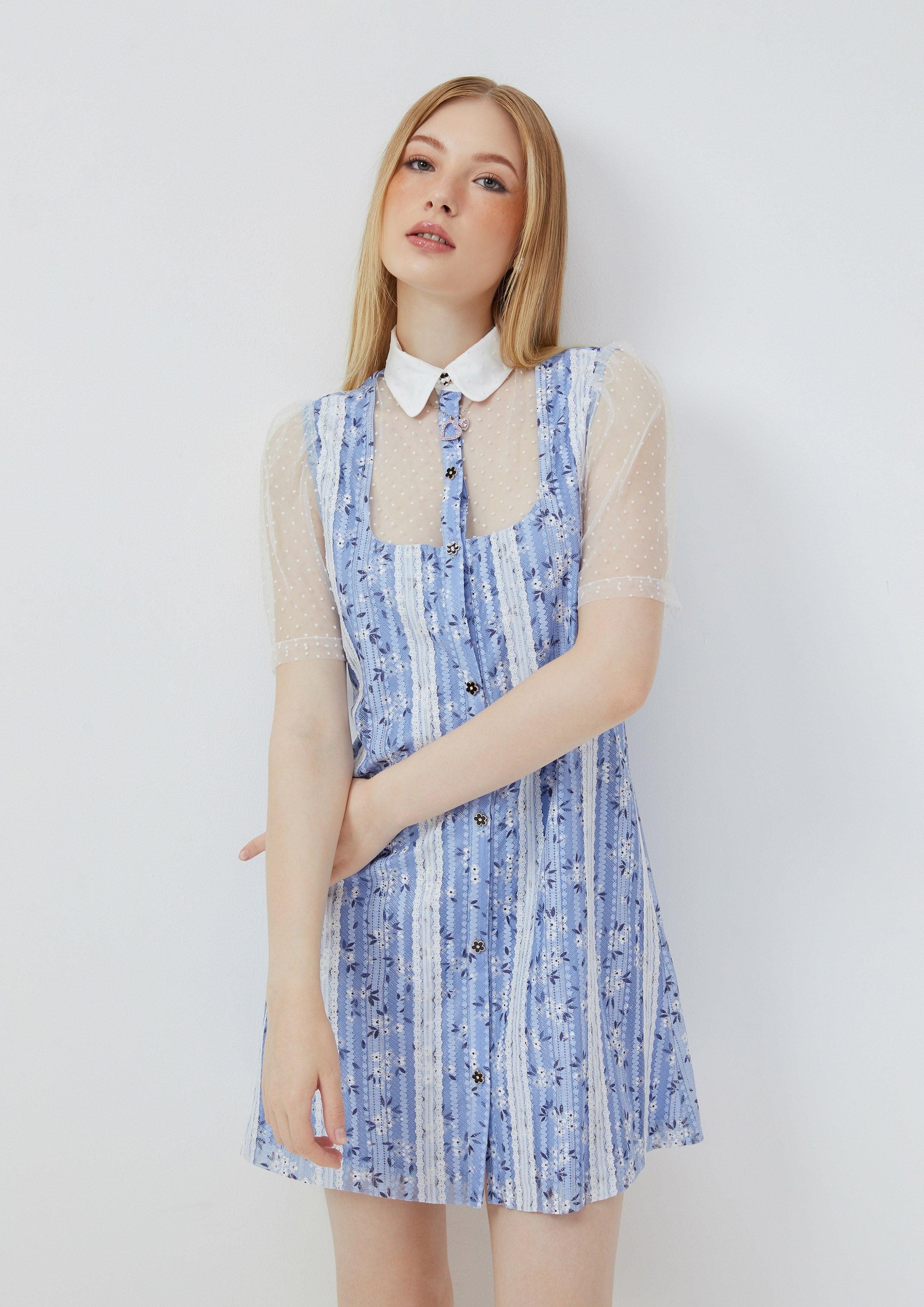 Lost in Museum Azure Mini Dress With Sheer Short Sleeves Blue