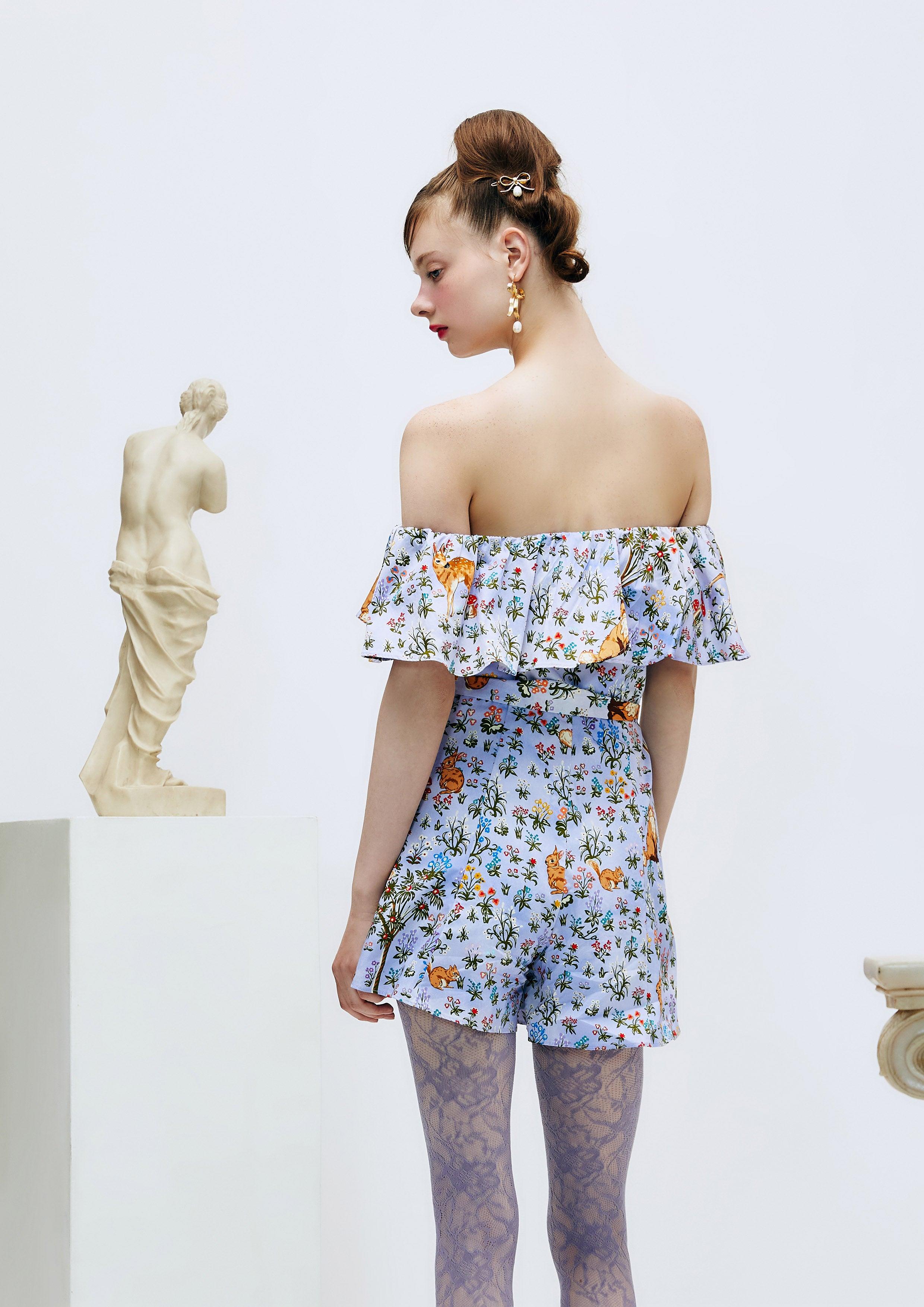 Lost in Museum  One-Shoulder Print Romper Purple