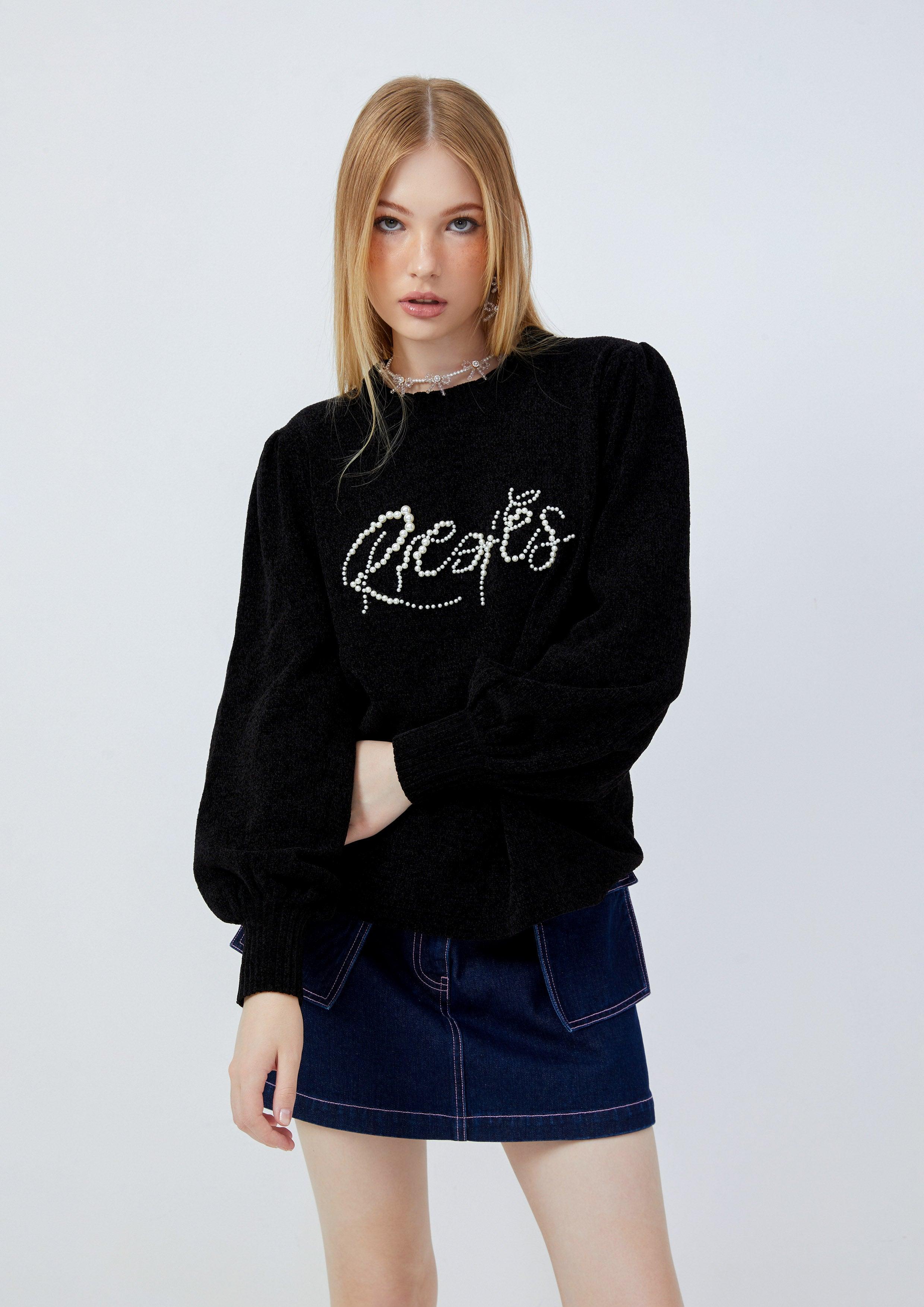 Lost in Museum Bead Pearl Ribbed Collar Pullover Black