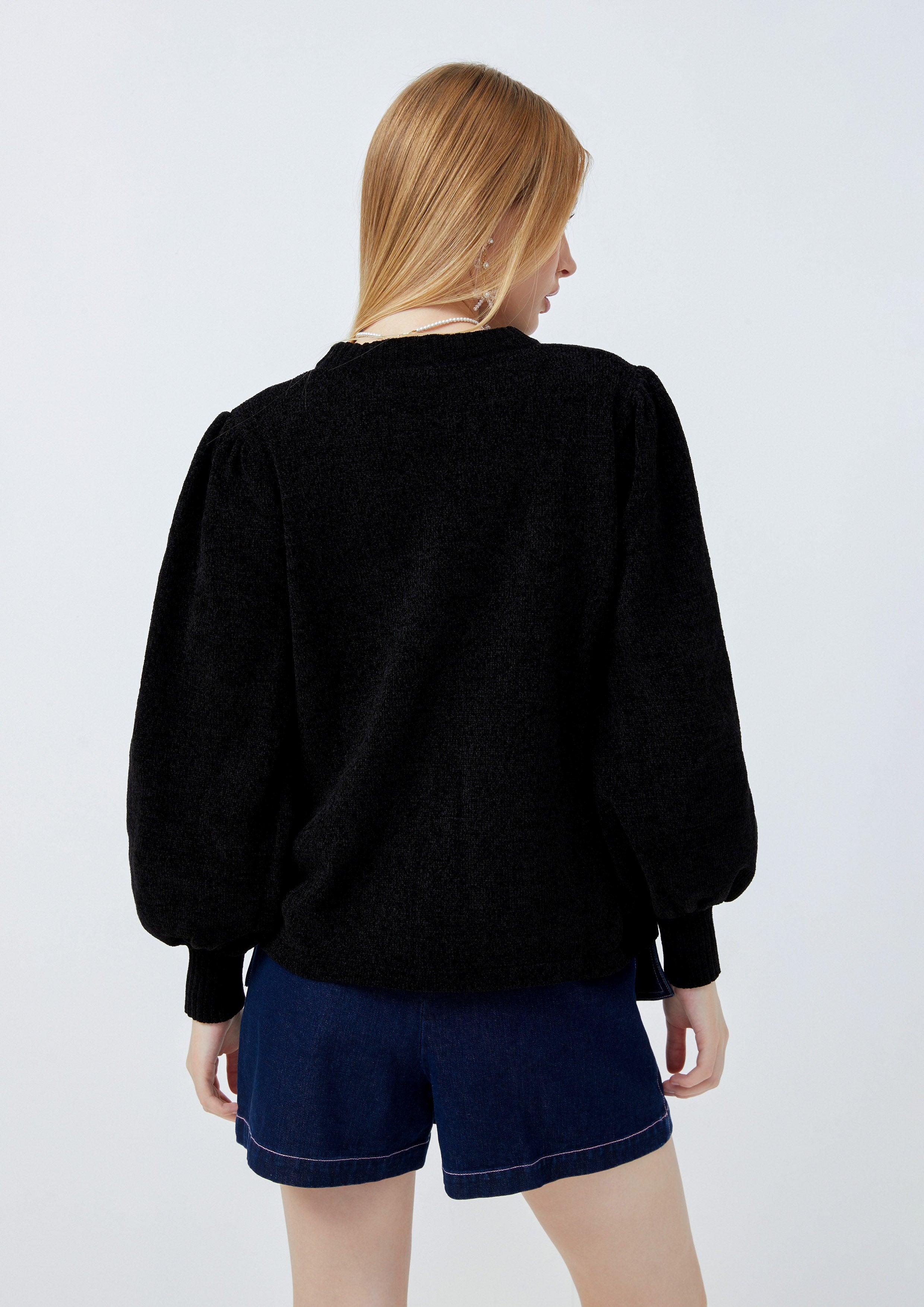 Lost in Museum Bead Pearl Ribbed Collar Pullover Black