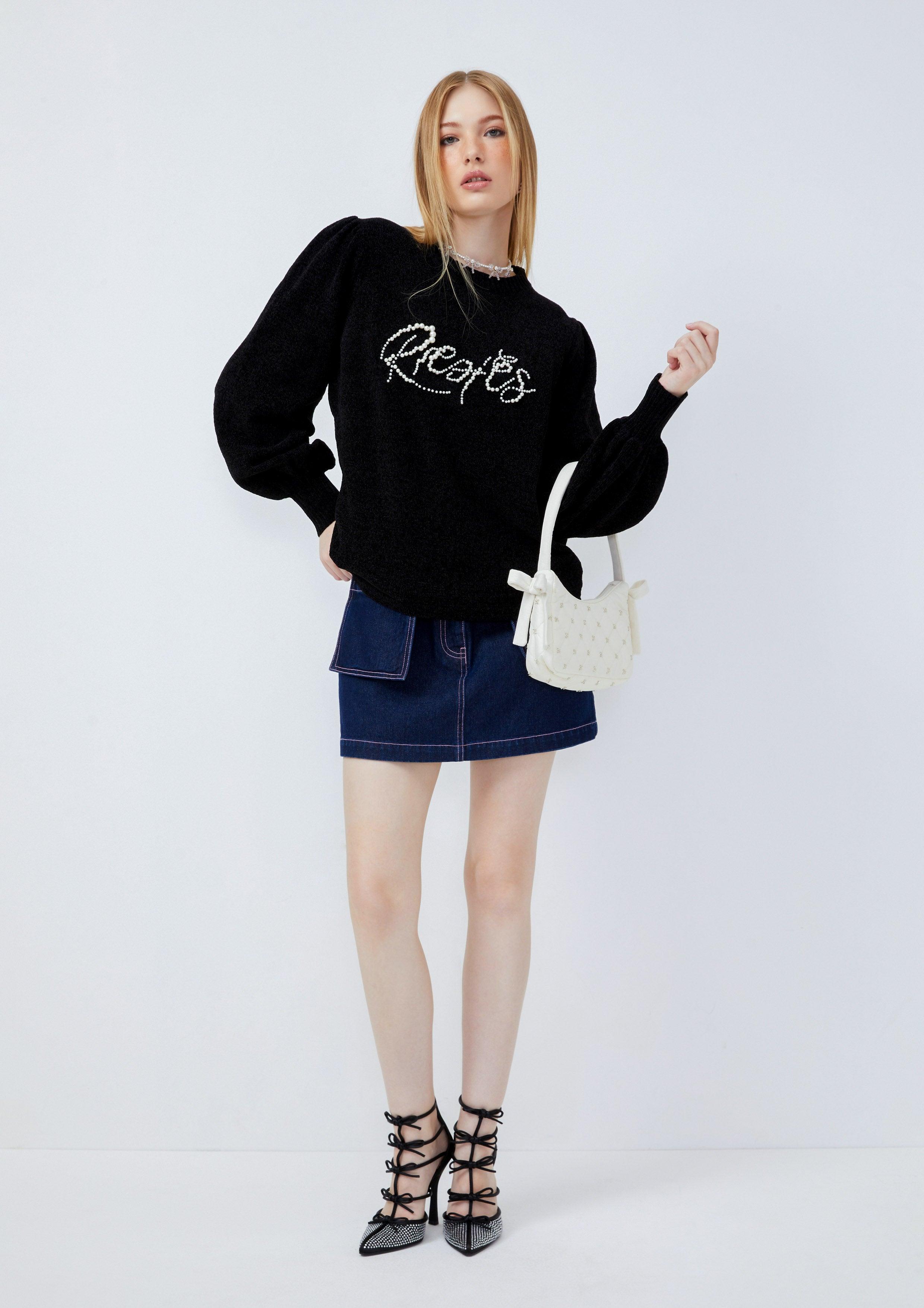 Lost in Museum Bead Pearl Ribbed Collar Pullover Black