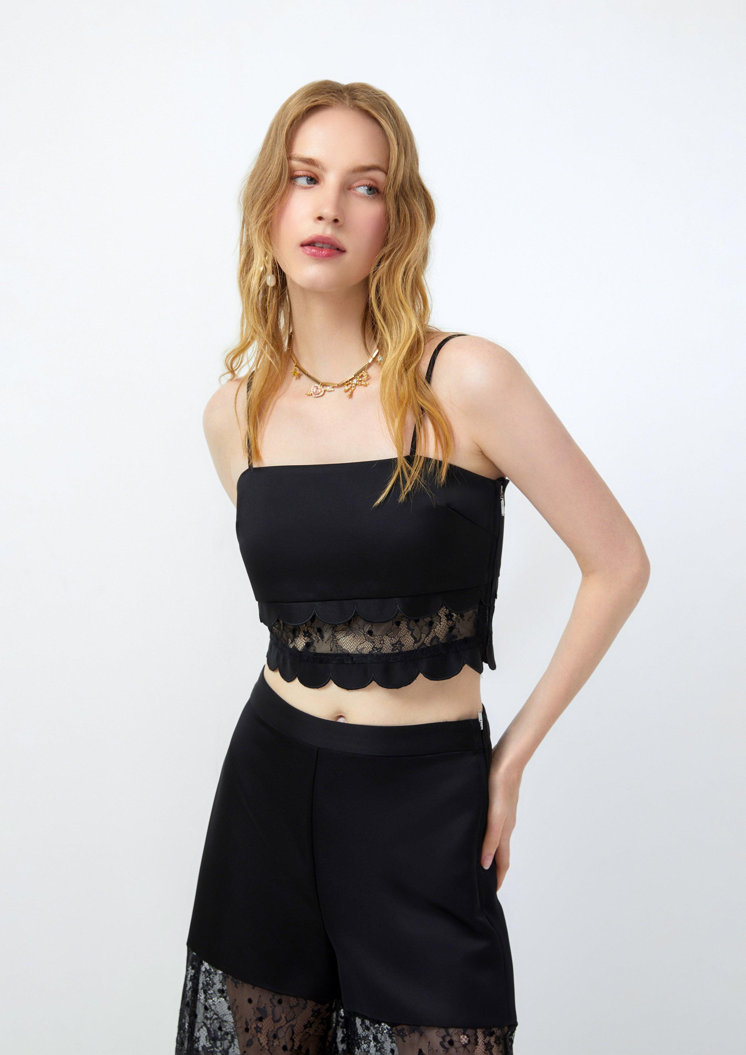 Lost in Museum Crop Top With Lace Trim Black