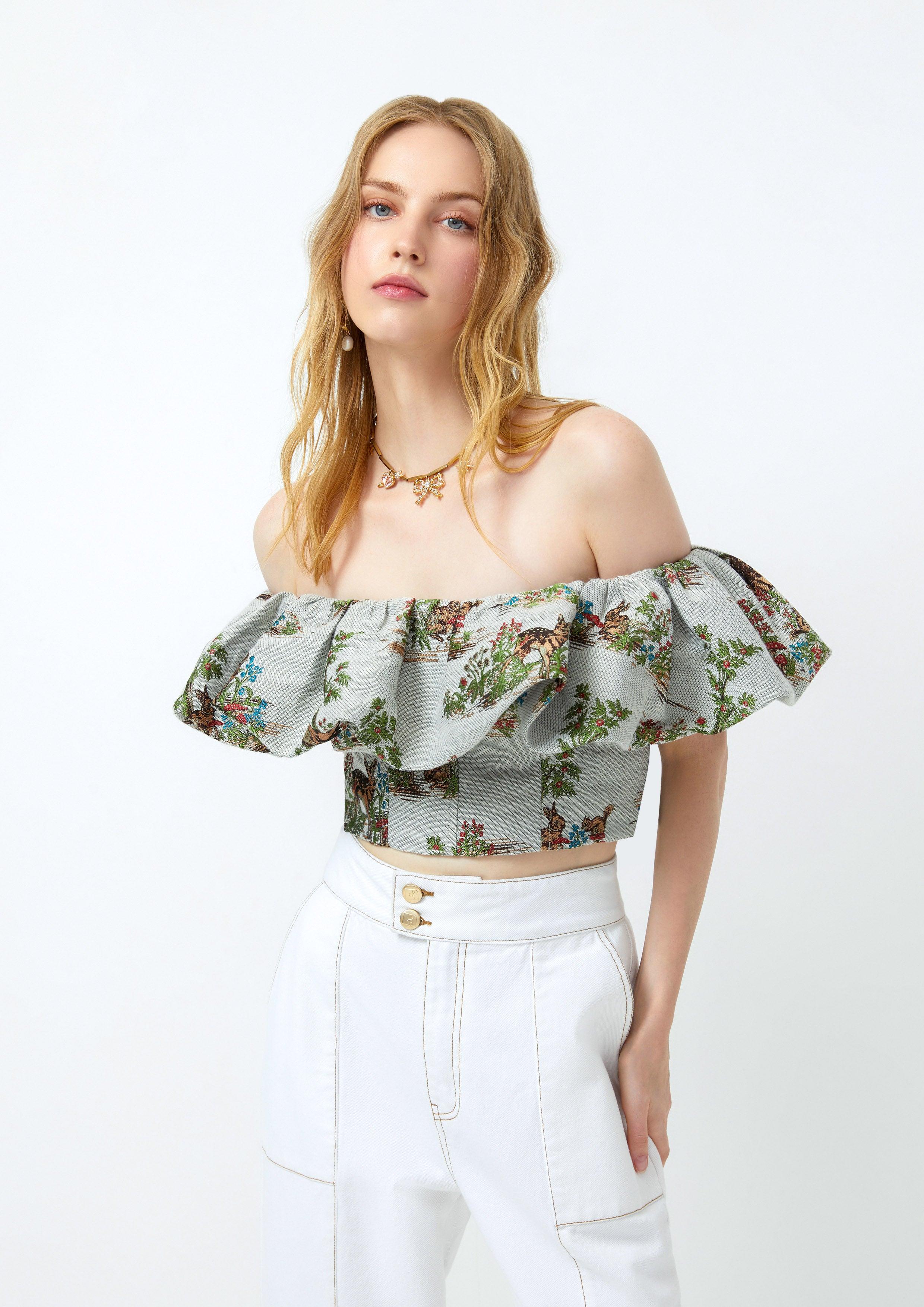 Lost in Museum Print Ruffle Trim Tube Top Multi Color