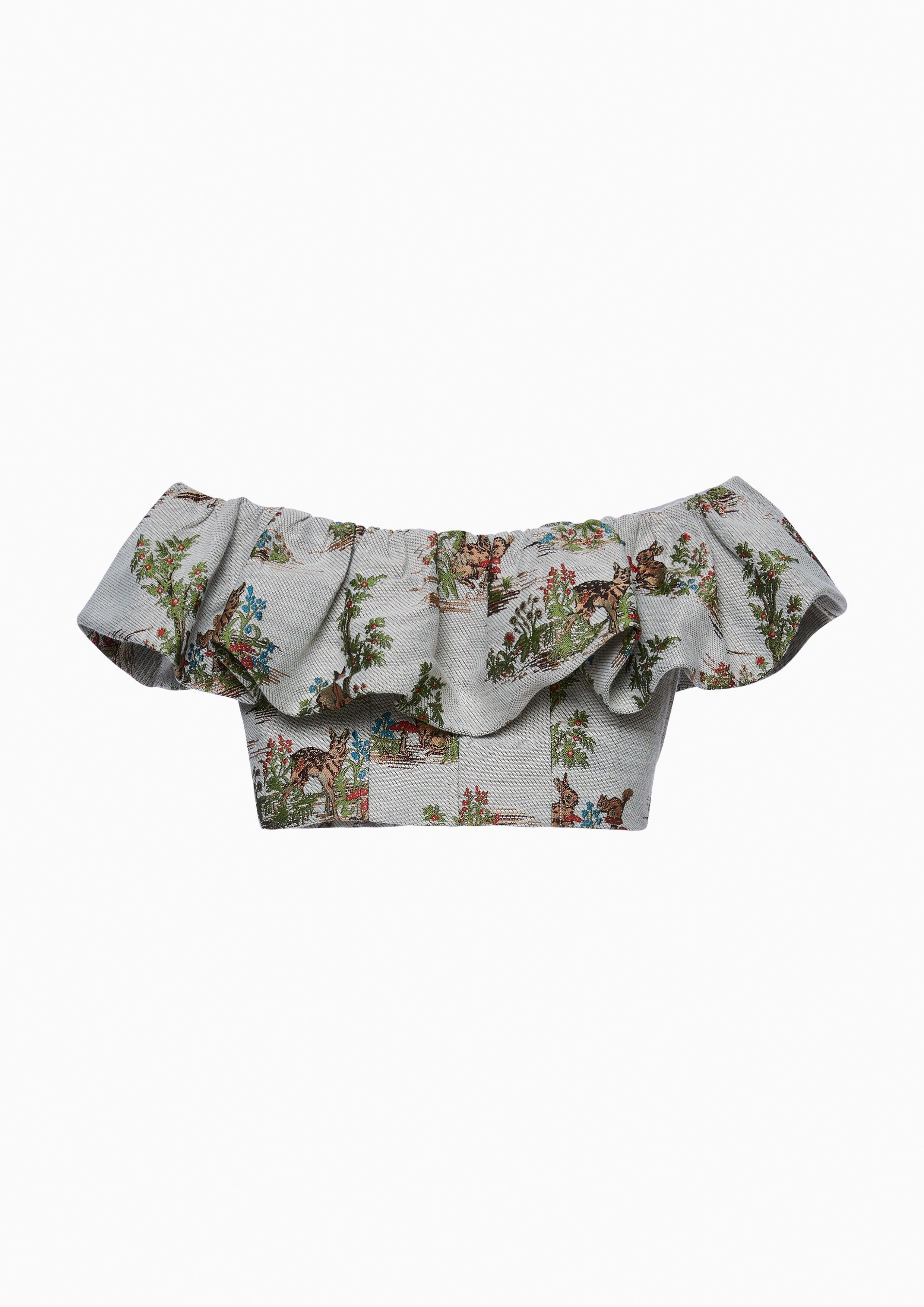 Lost in Museum Print Ruffle Trim Tube Top Multi Color