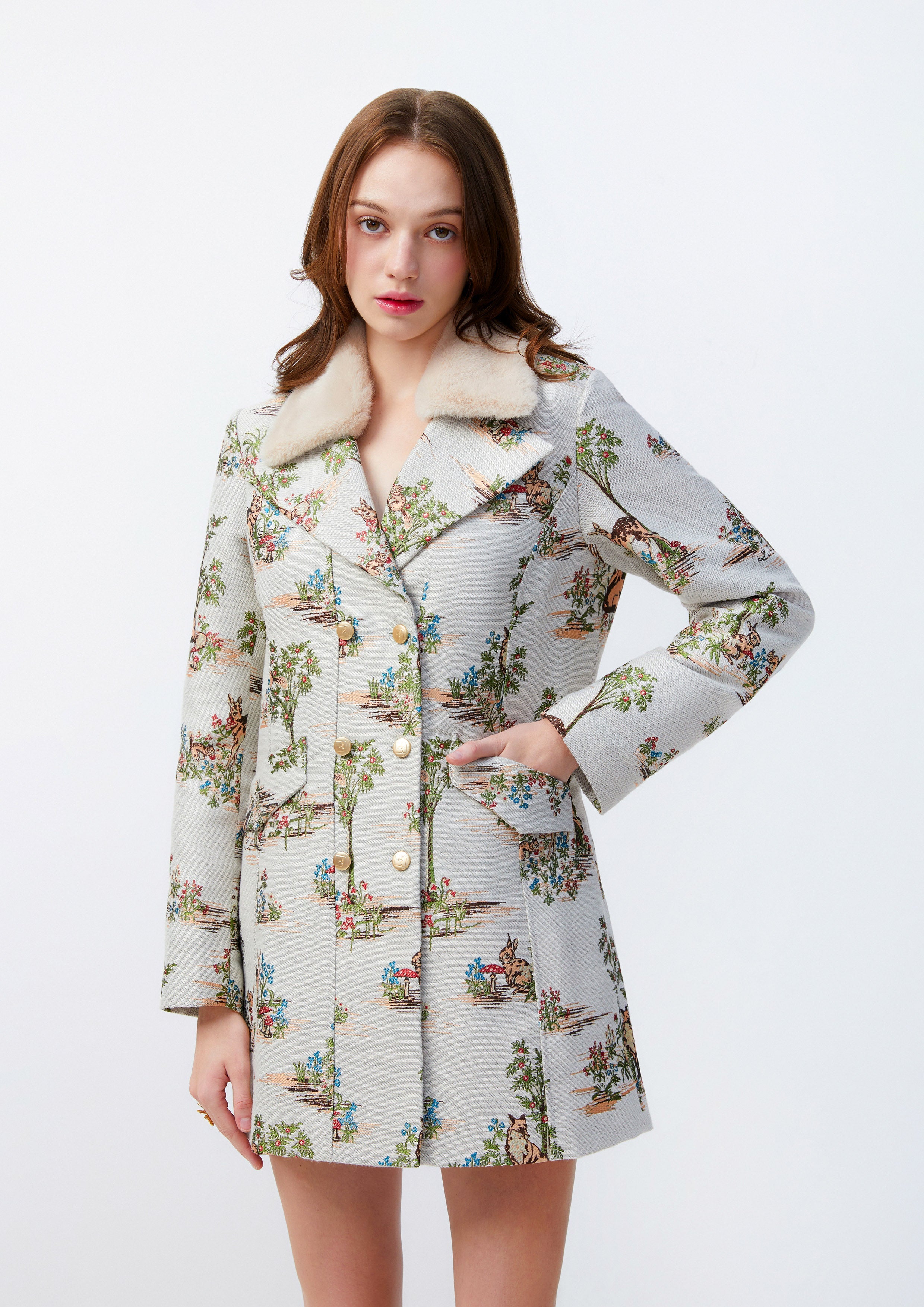 Printed Fur Trimed Collar Coat Lost In Museum Collection