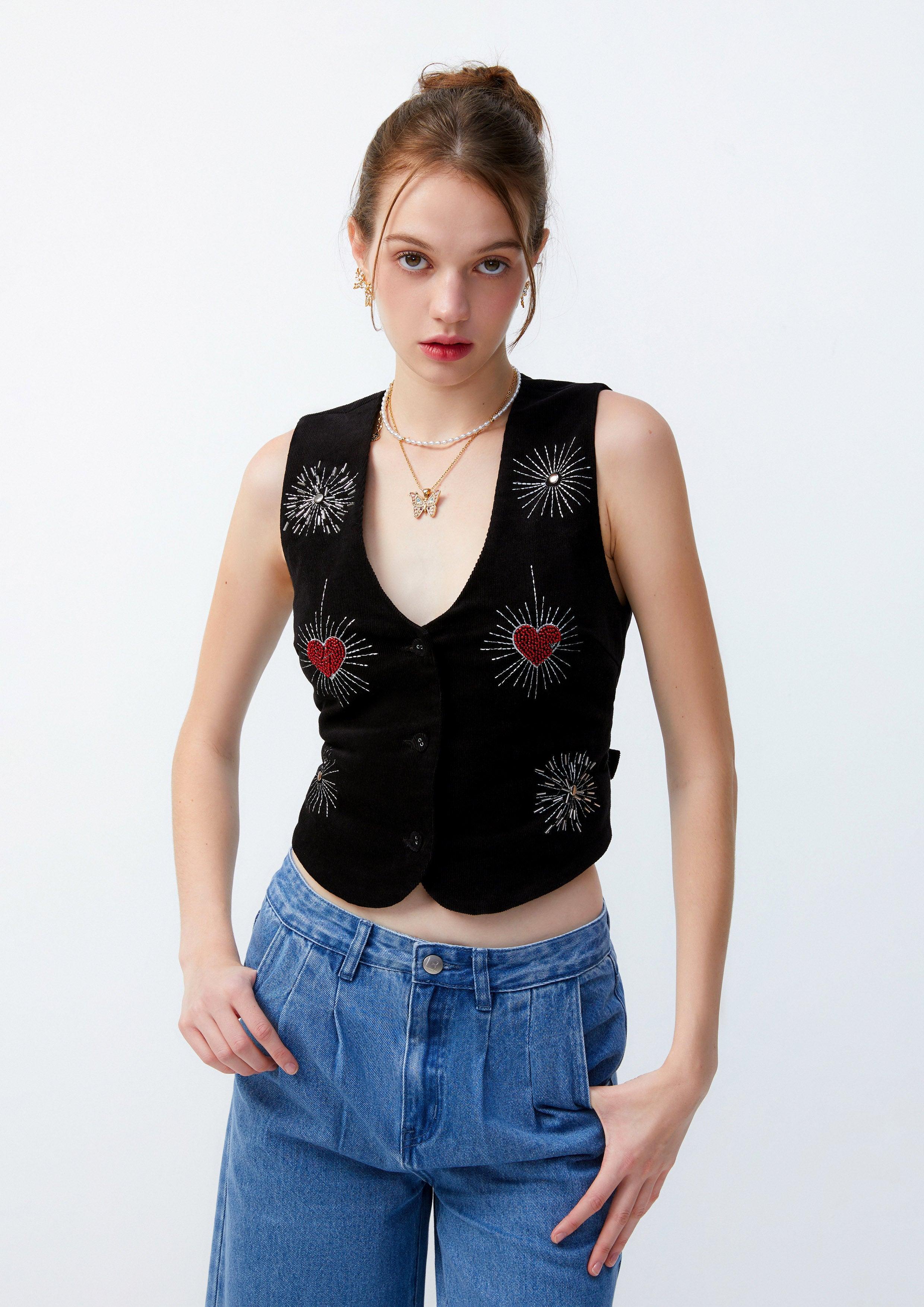 Lost in Museum Corduroy Fireworks Heart Vest Black