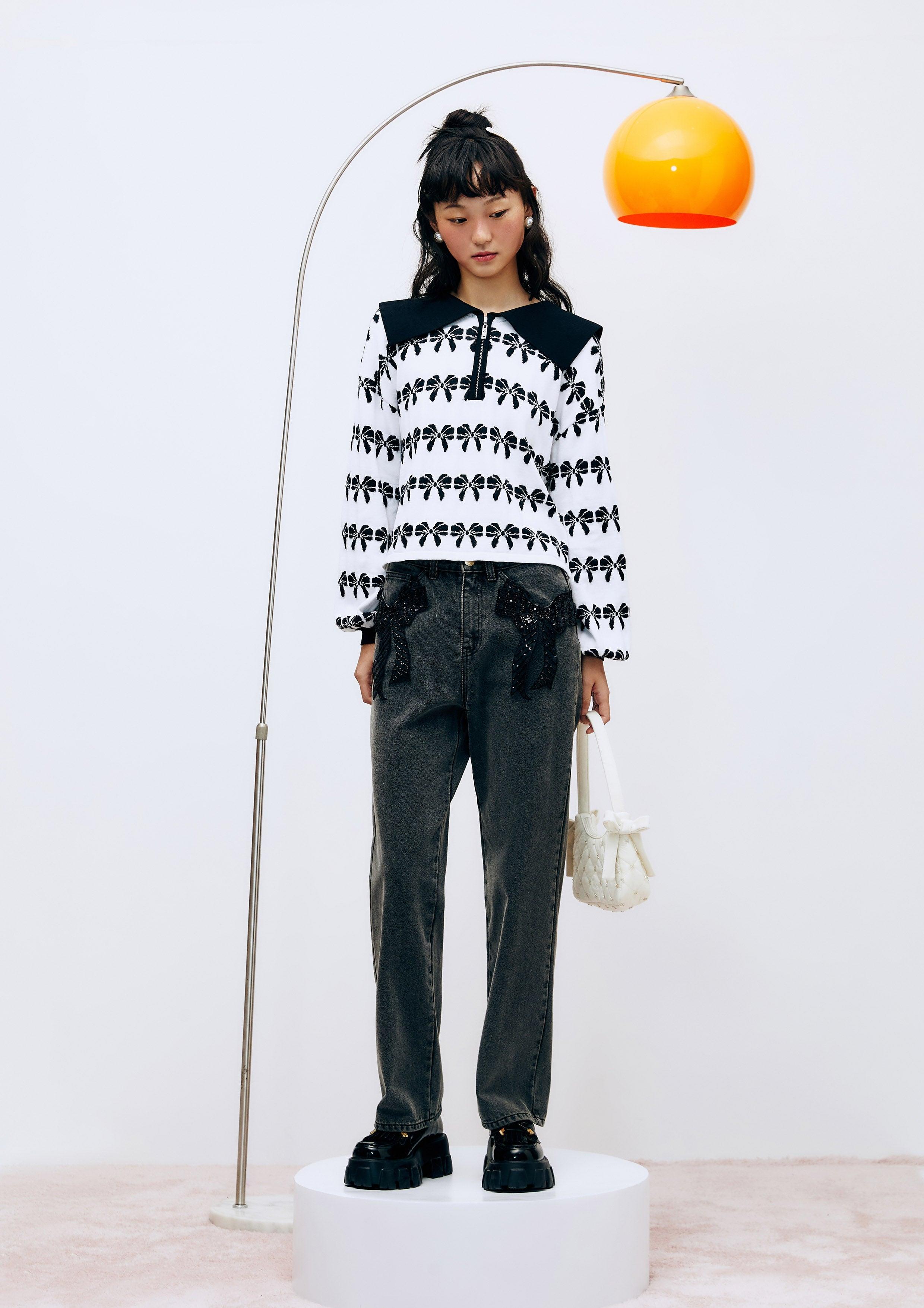 Lost In Museum Sequin Embellished Denim Pants Black