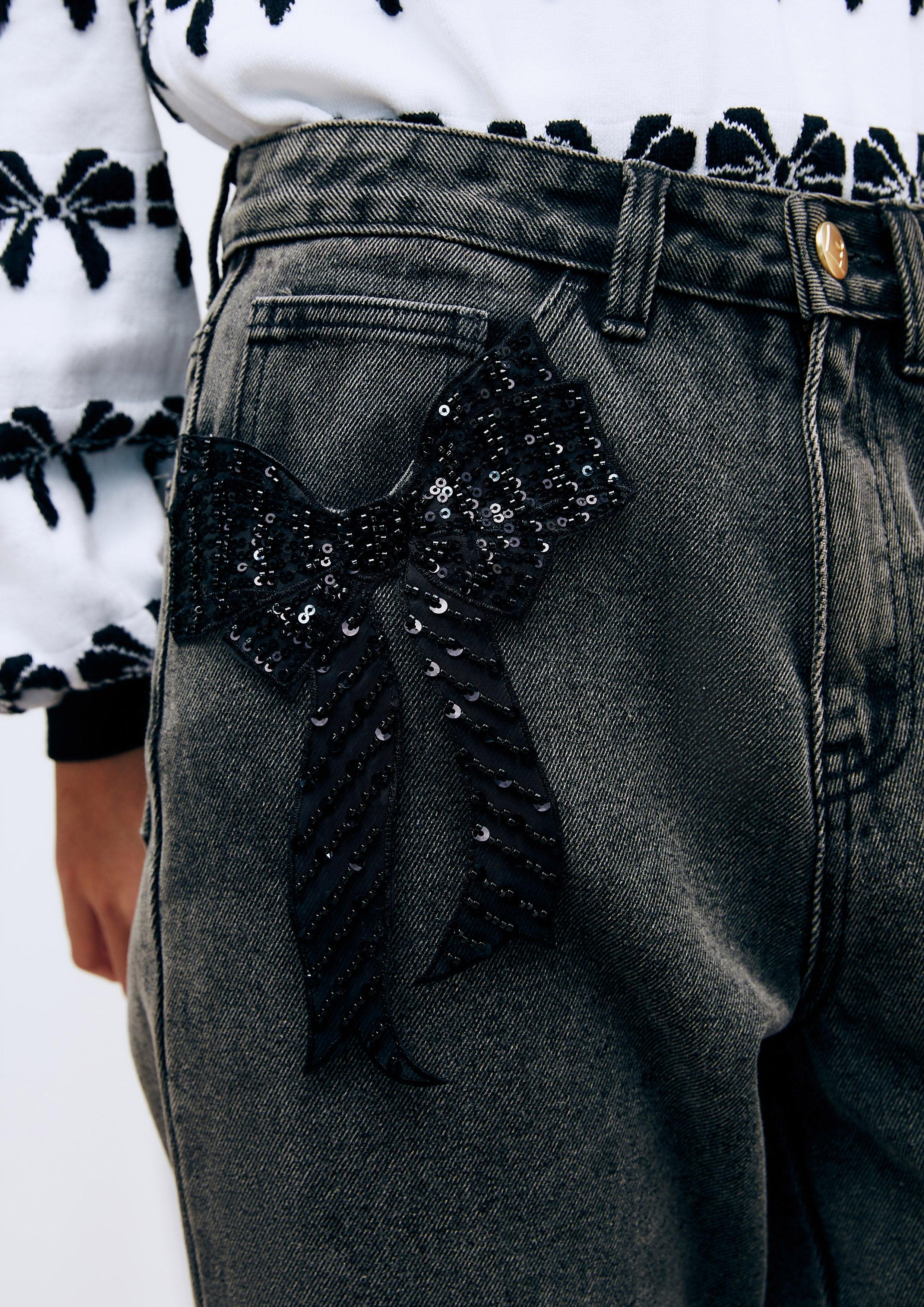 Lost In Museum Sequin Embellished Denim Pants Black