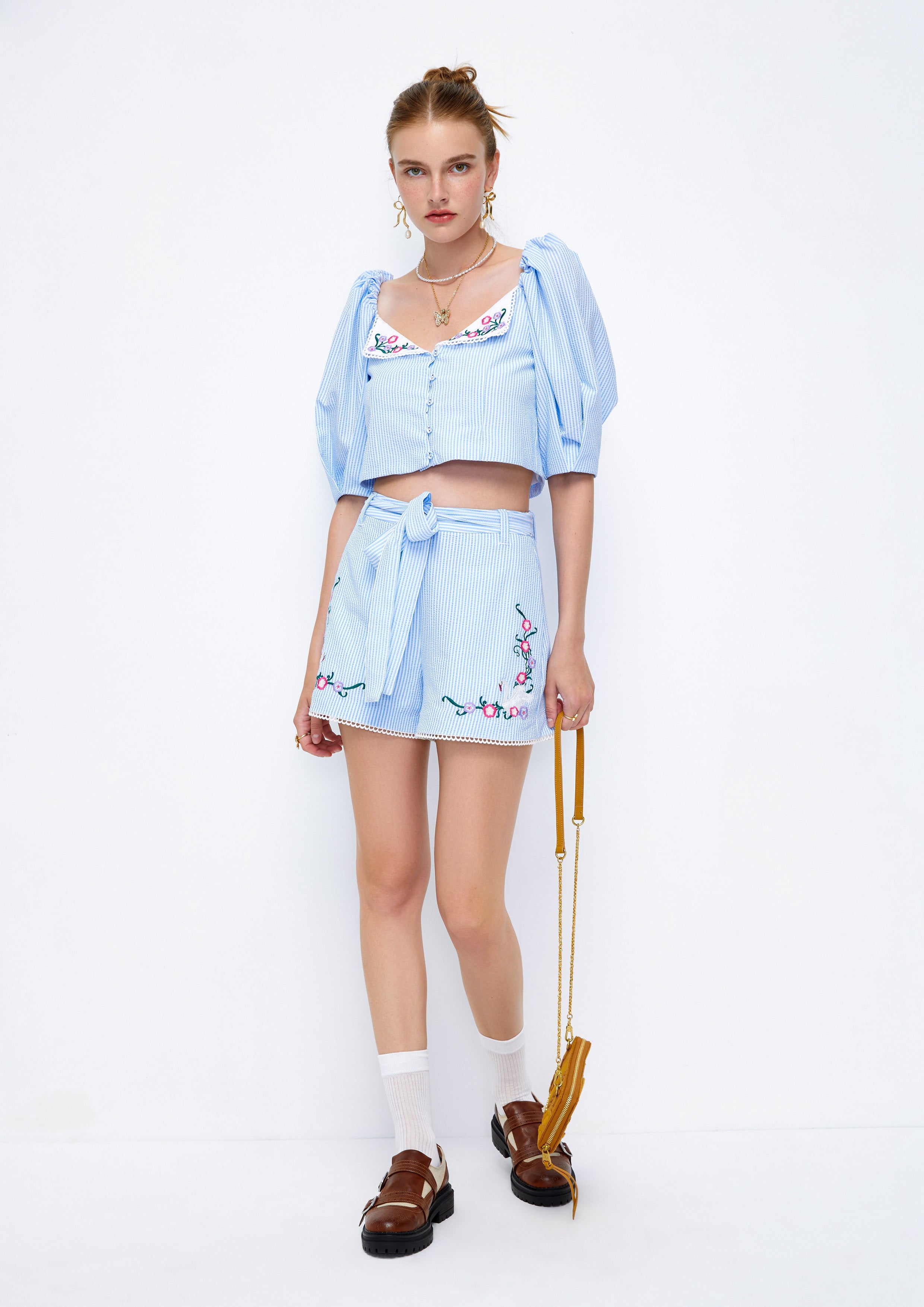 Ornamental Swan and Floral Embroidered Striped Shorts Lost In Museum Collection