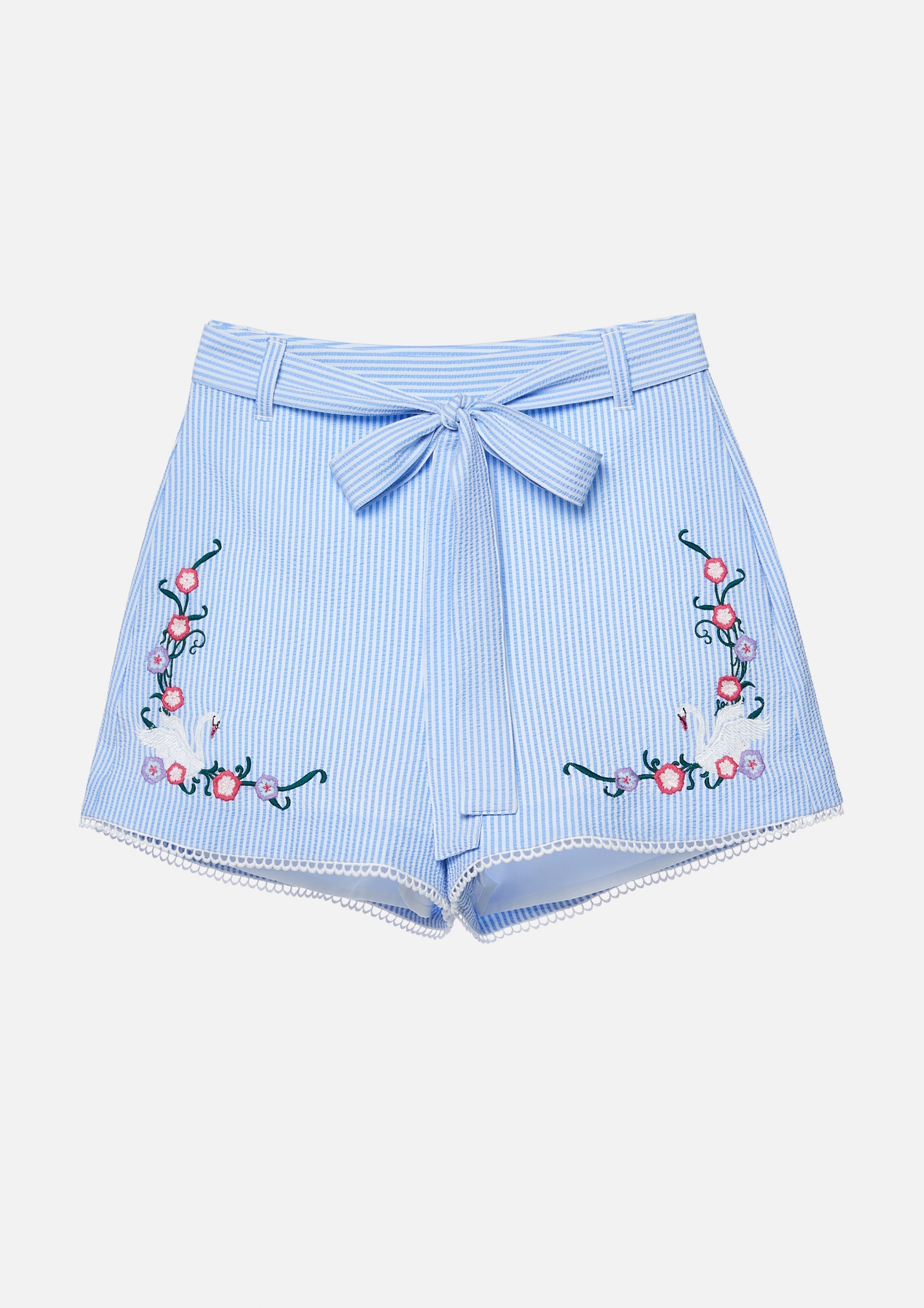 Ornamental Swan and Floral Embroidered Striped Shorts Lost In Museum Collection