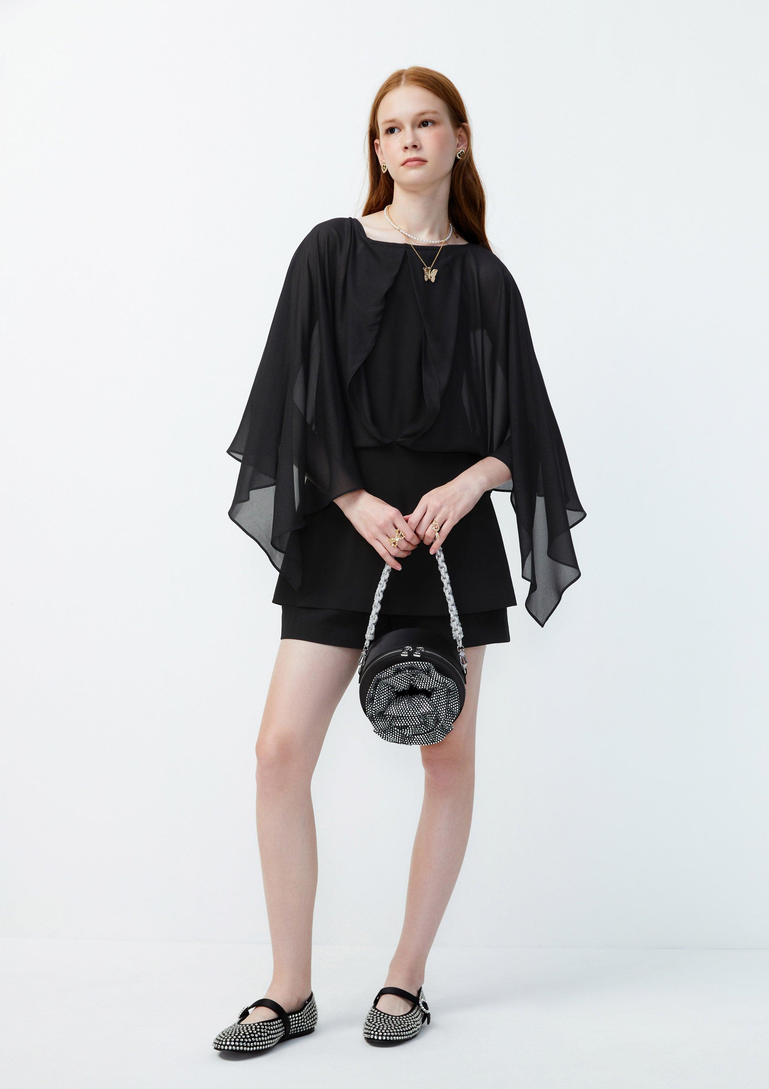 Lost in Museum Draped Sheer Sleeves Mini Dress Black