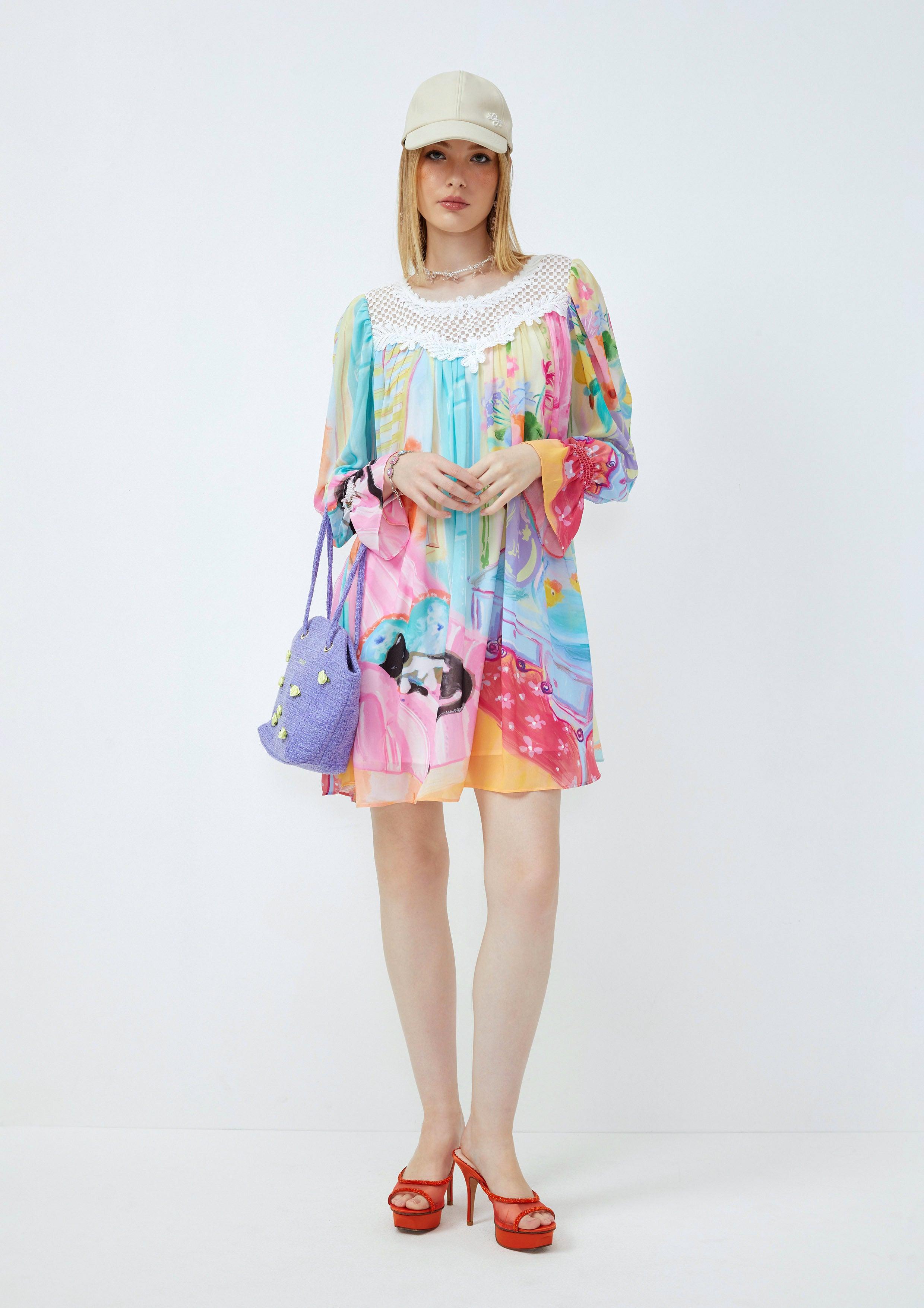 Lost In Museum Print Flowy Dress Multi Color