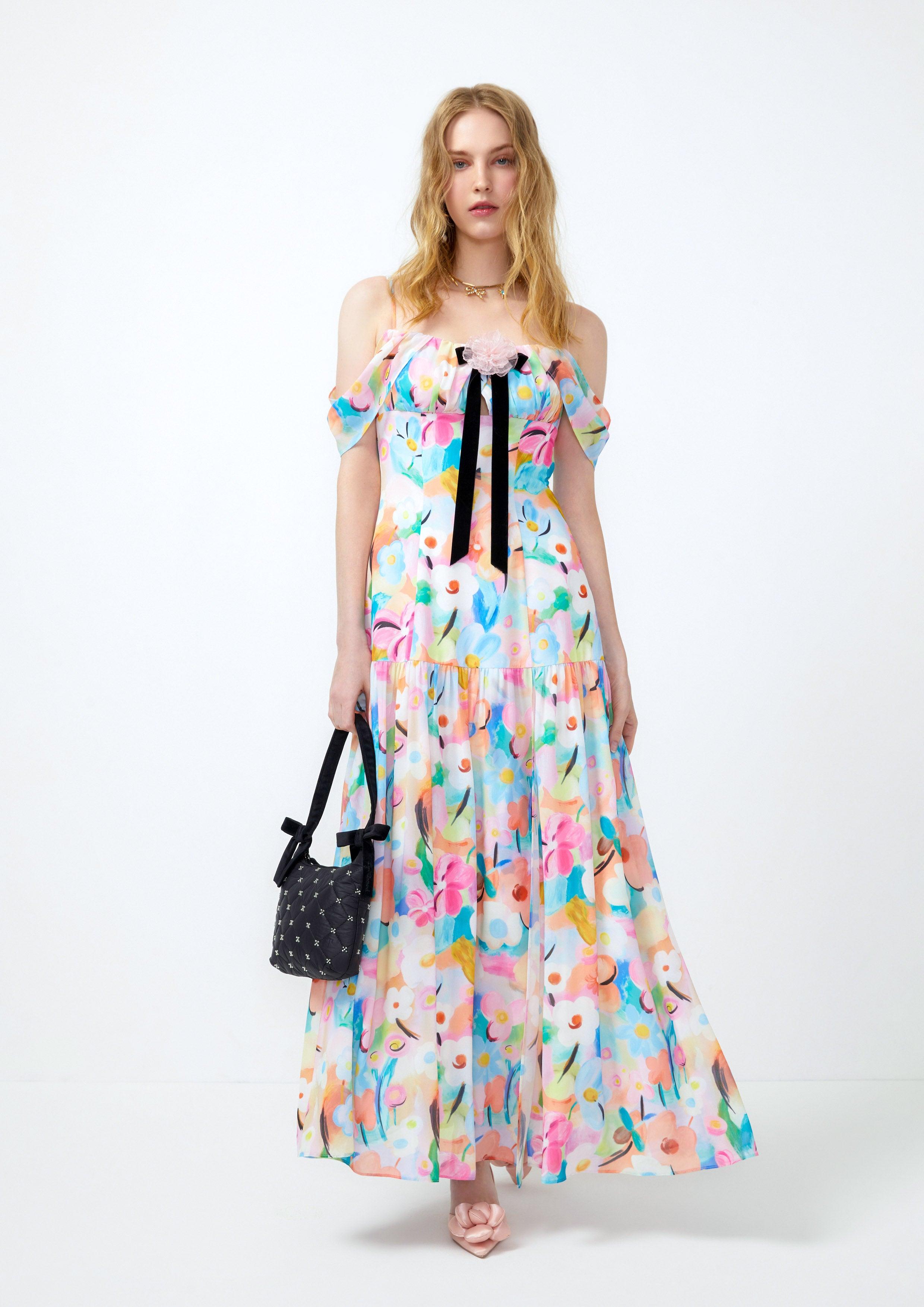 Lost in Museum Print Off-Shoulder Strap Dress Multi Color