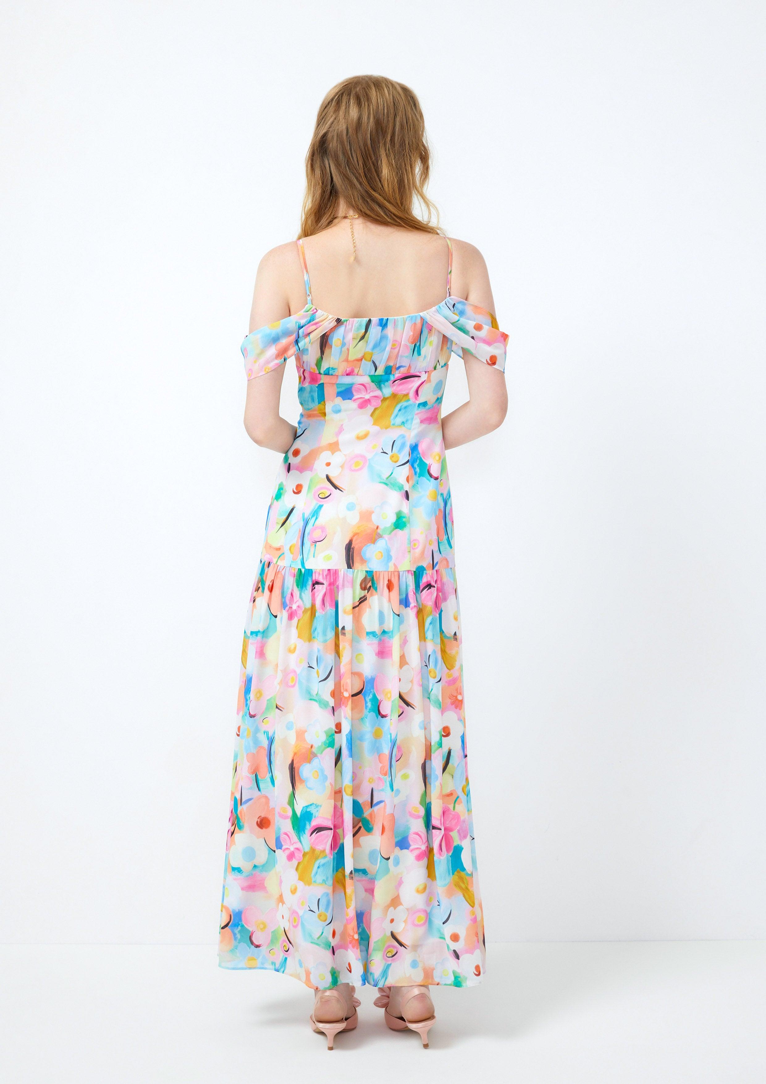 Lost in Museum Print Off-Shoulder Strap Dress Multi Color