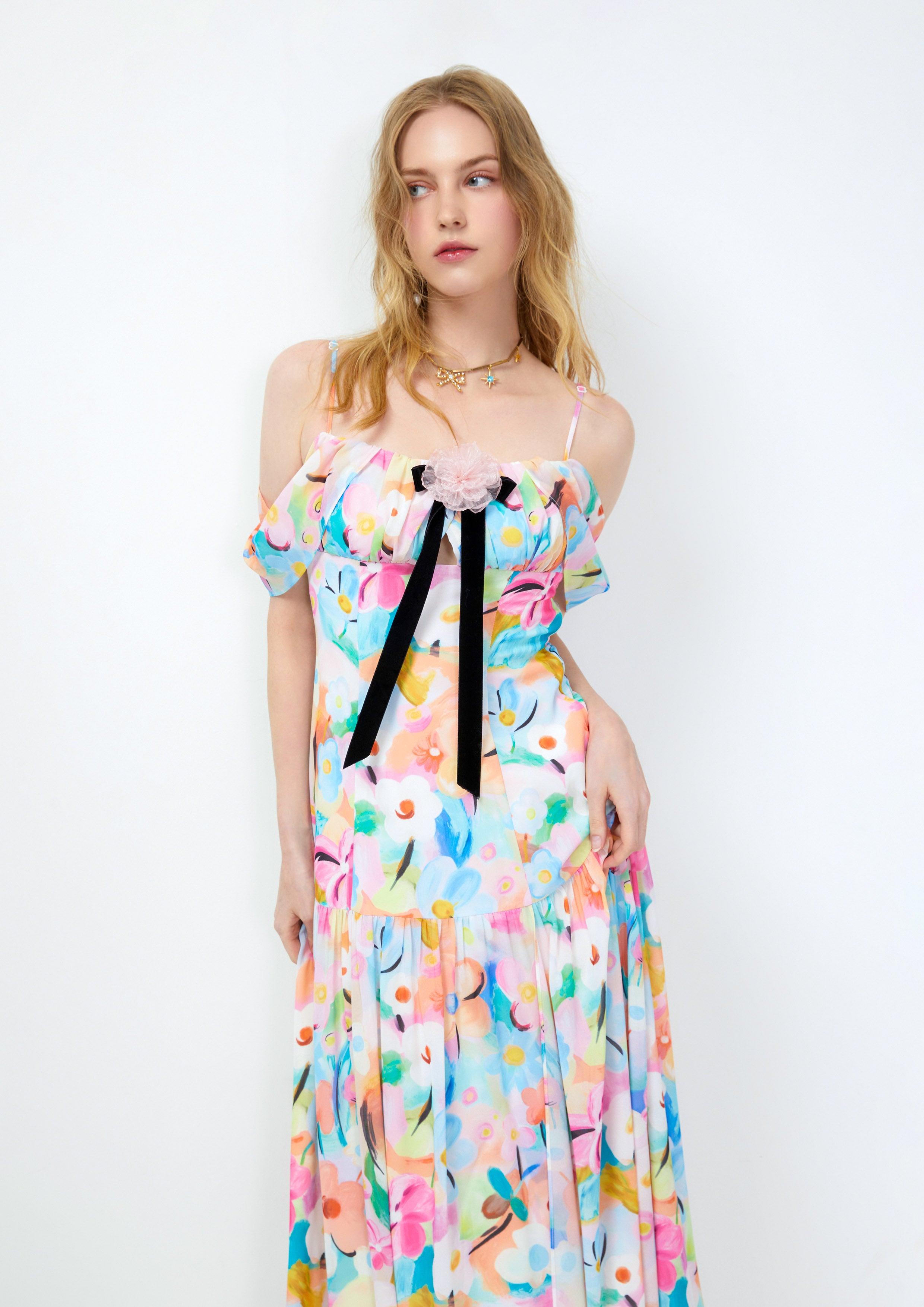 Lost in Museum Print Off-Shoulder Strap Dress Multi Color