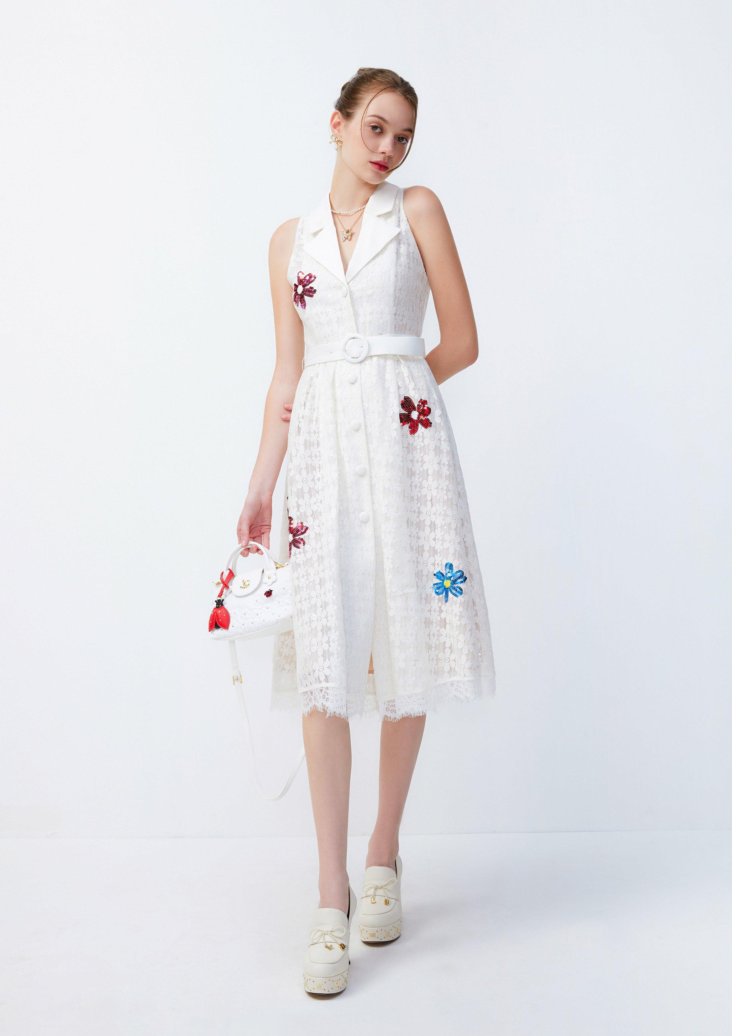 Lost in Museum Floral Embellished Sleeveless Dress White