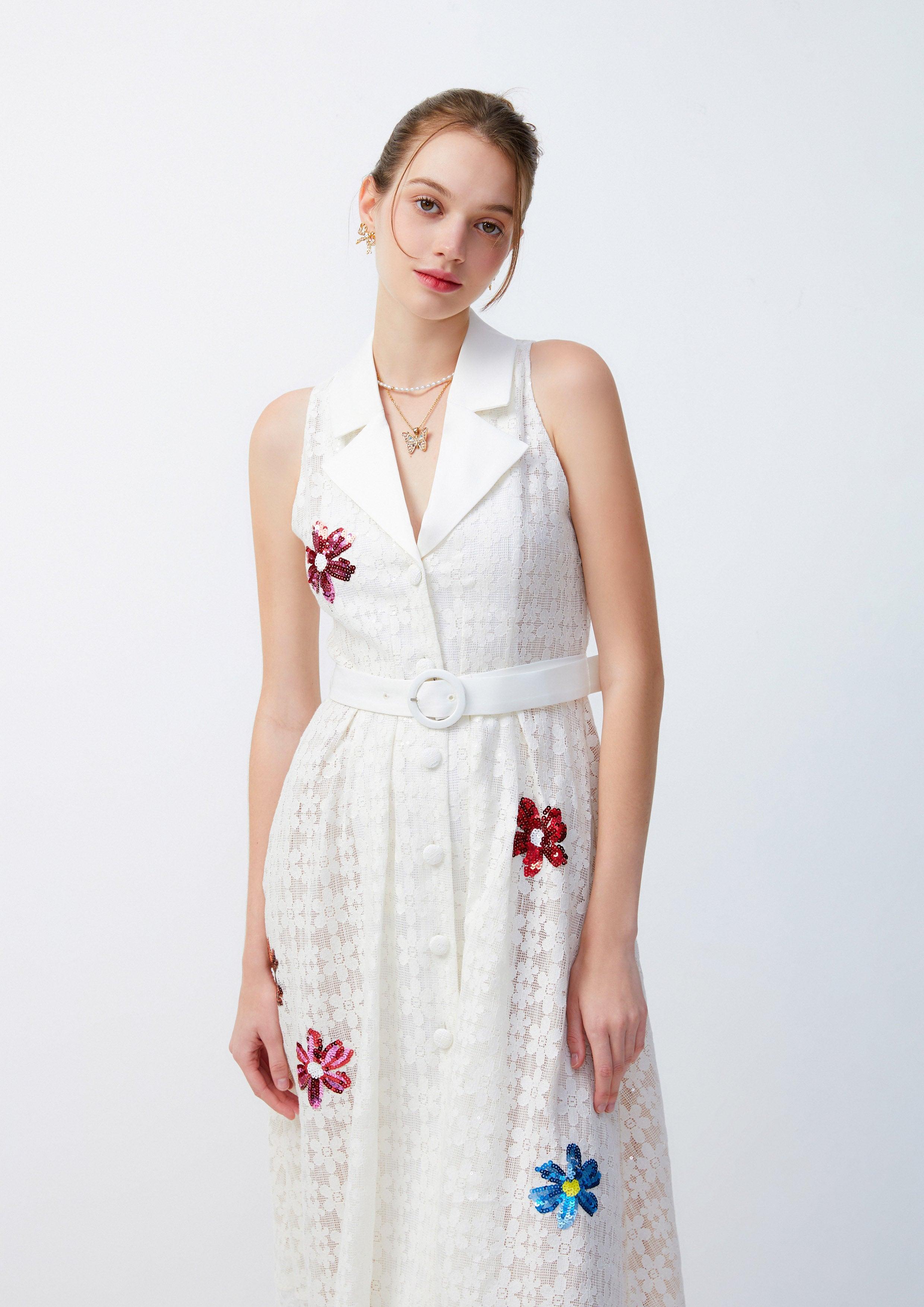 Lost in Museum Floral Embellished Sleeveless Dress White