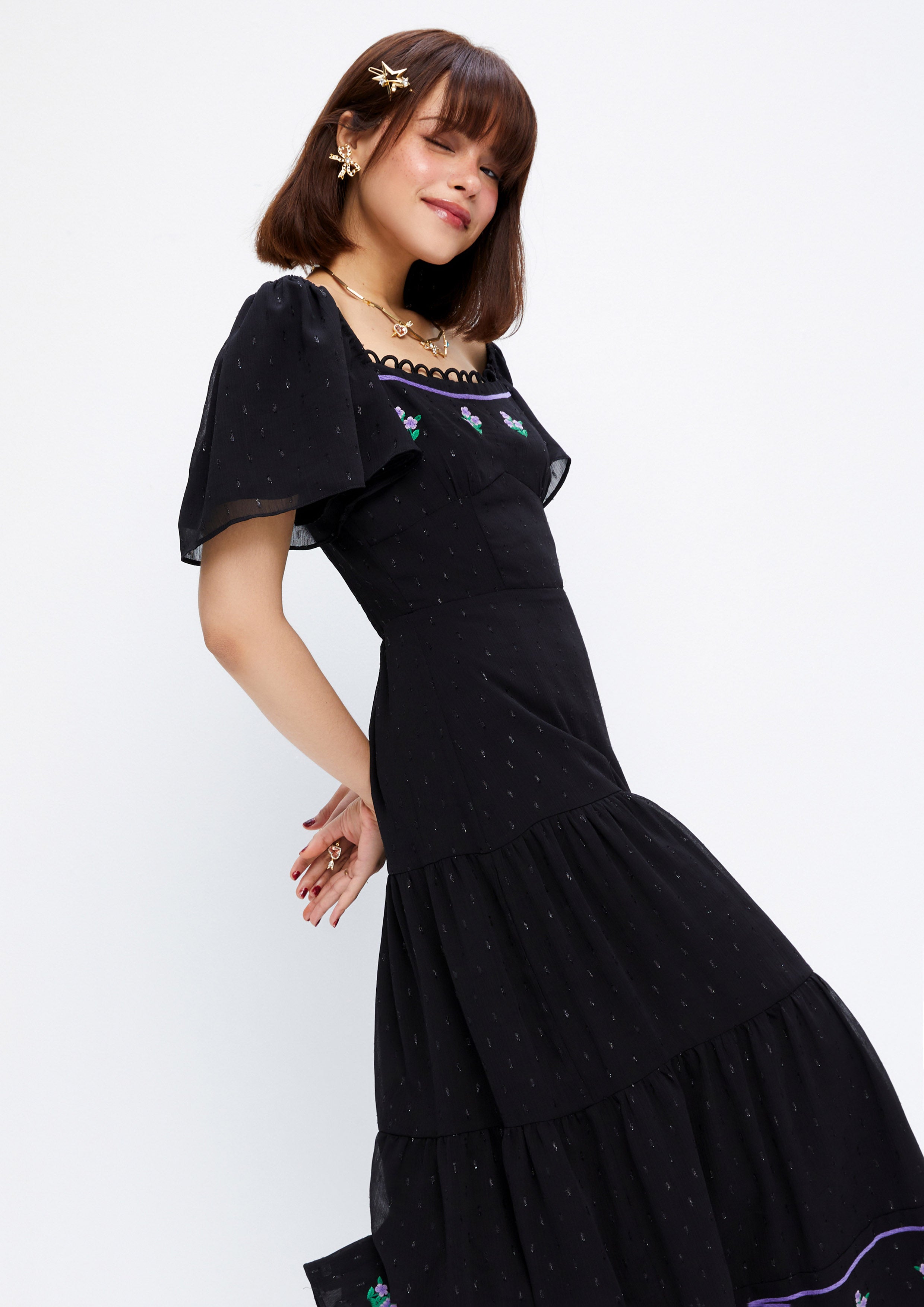 Floral Sequin Puffed Sleeve Maxi Dress Lost In Museum Collection