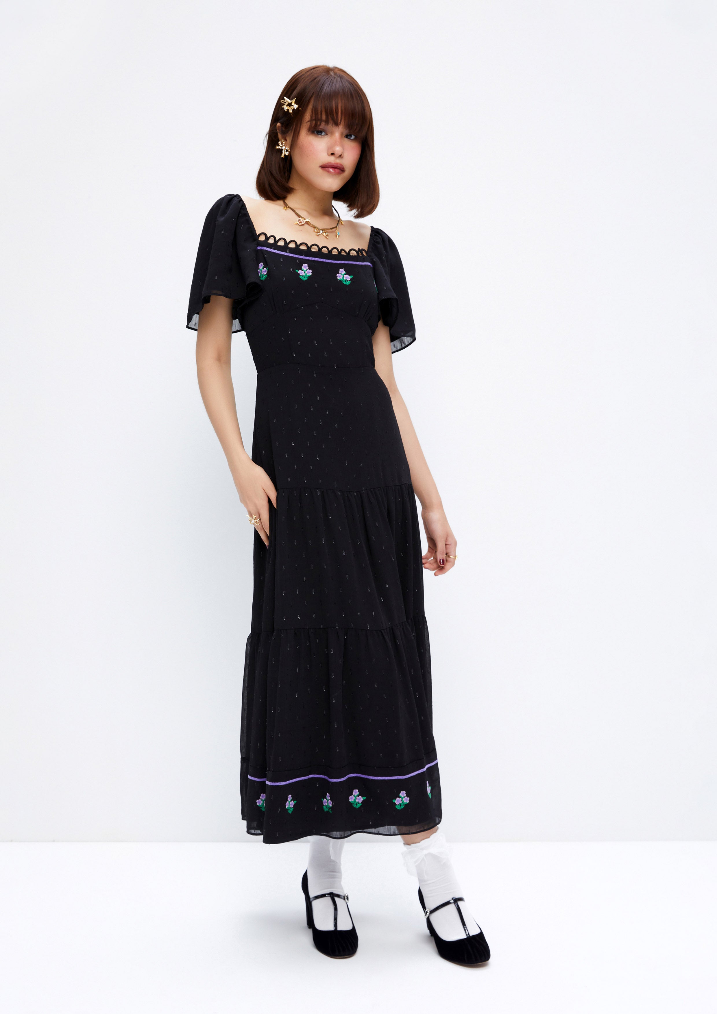 Floral Sequin Puffed Sleeve Maxi Dress Lost In Museum Collection