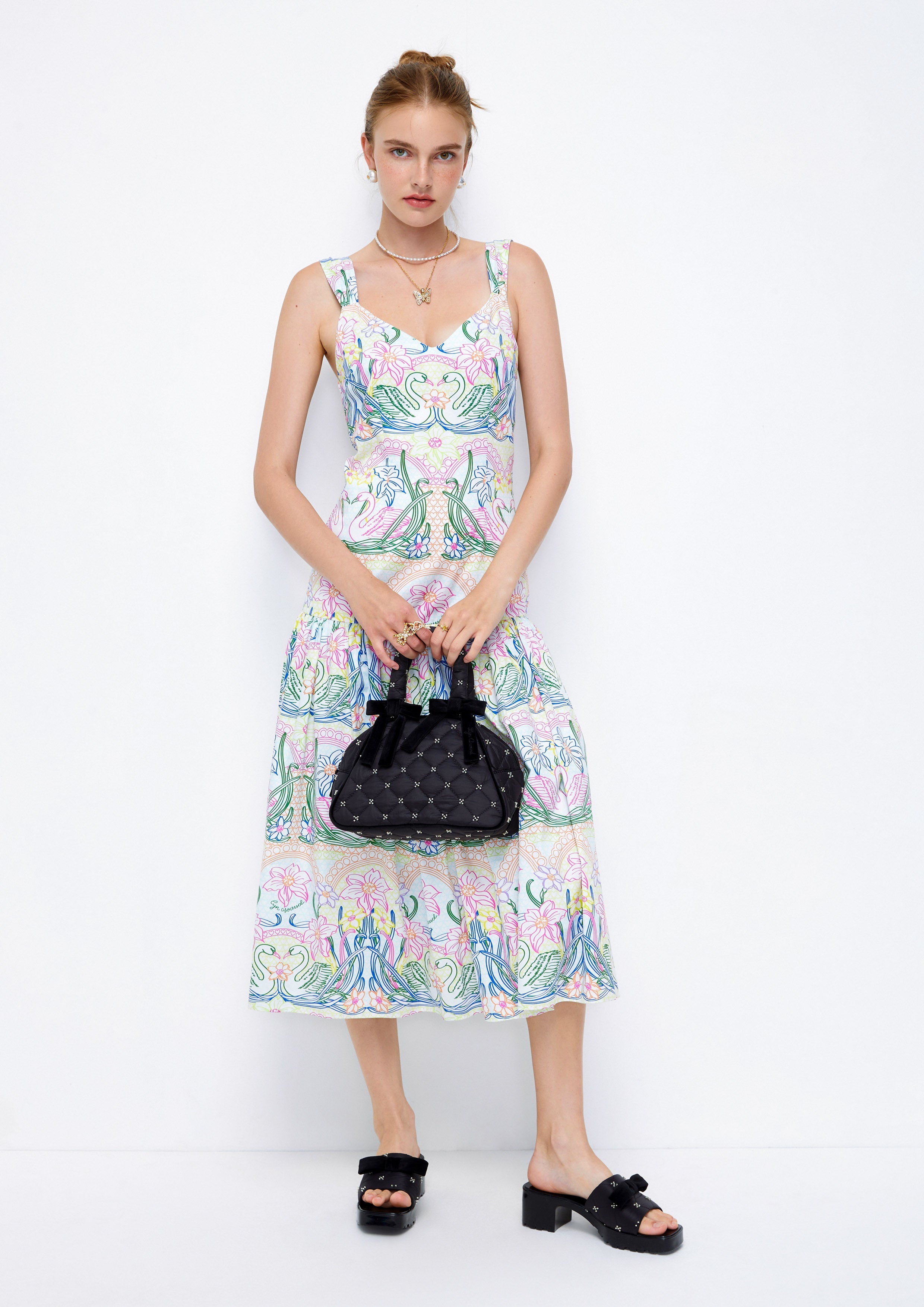 Swans and Floral Printed Midi Dress Lost In Museum Collection