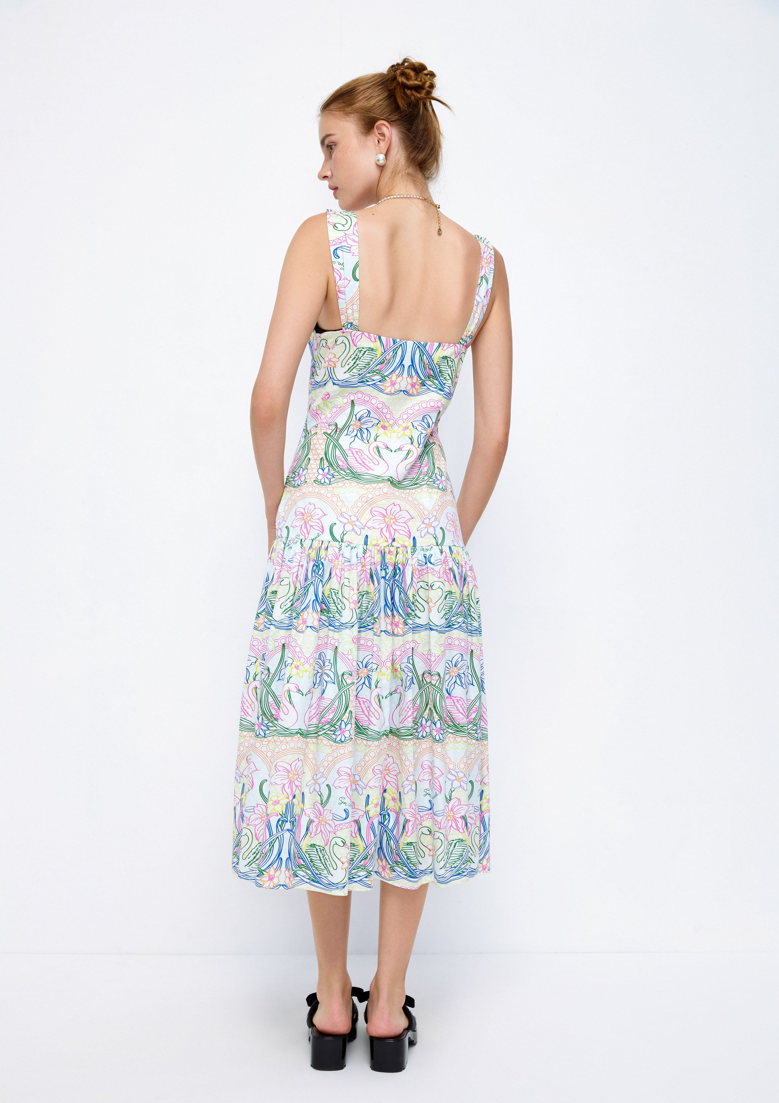 Swans and Floral Printed Midi Dress Lost In Museum Collection