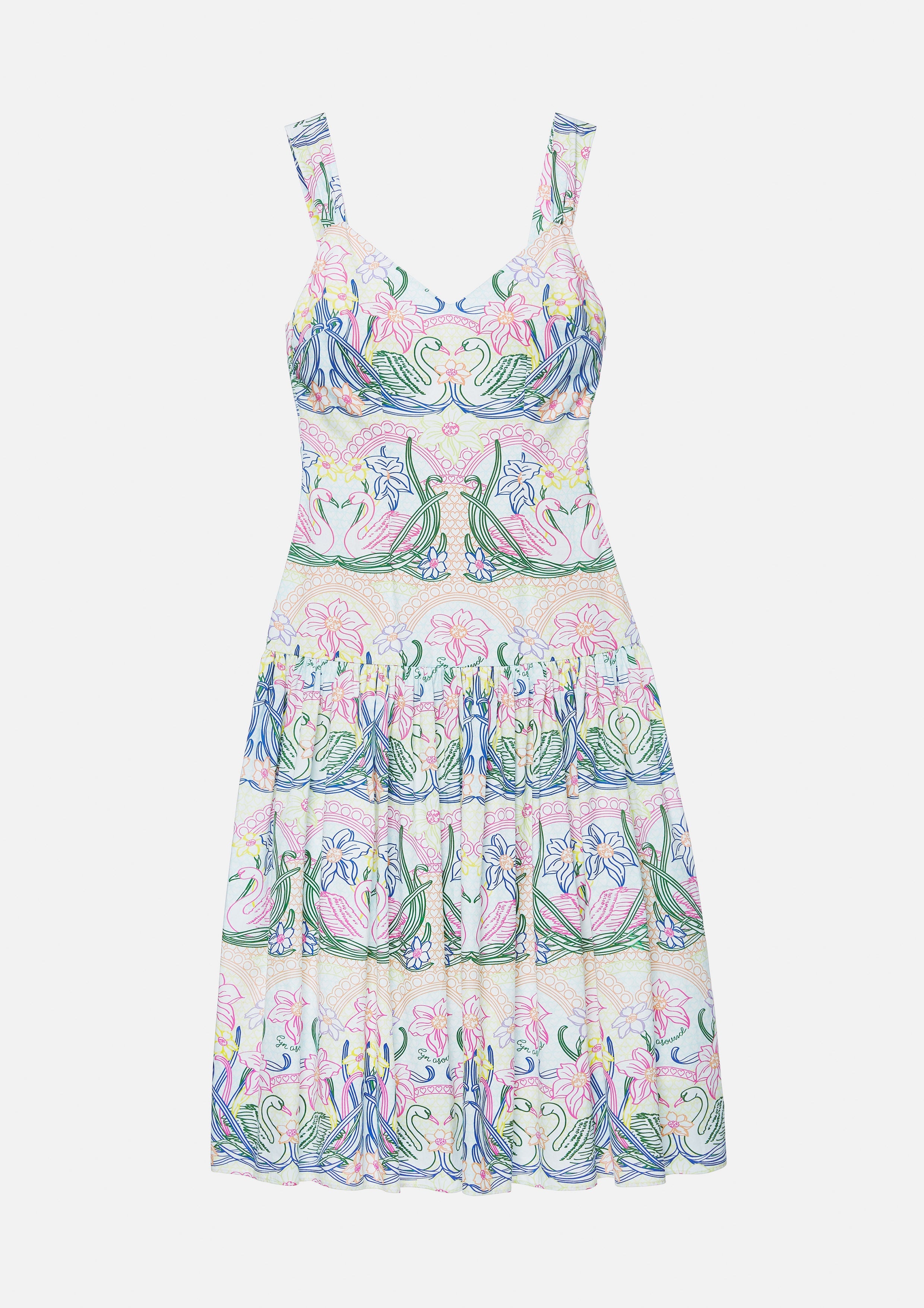 Swans and Floral Printed Midi Dress Lost In Museum Collection