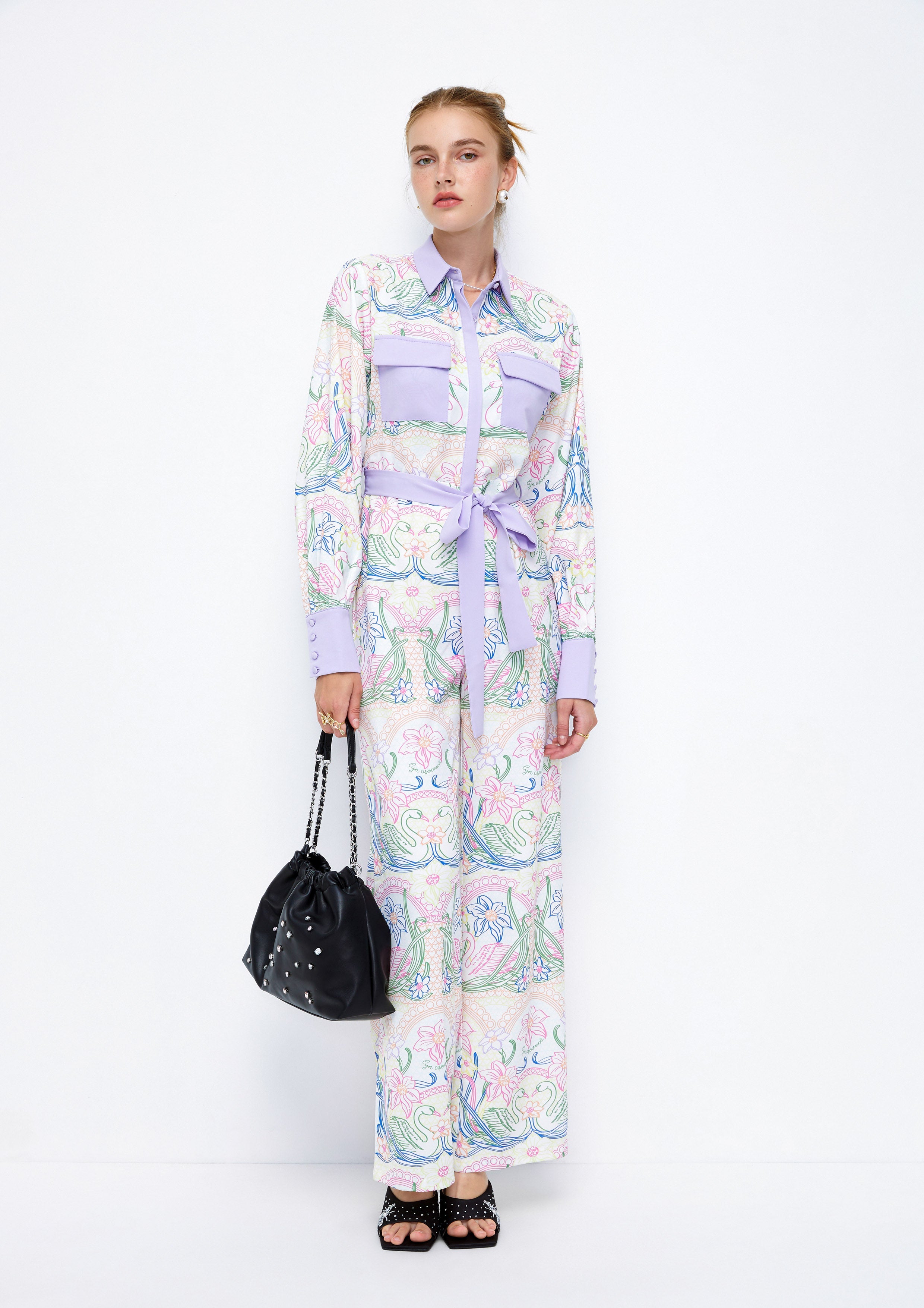 Swans and Floral Printed Long Sleeve Jumpsuit Lost In Museum Collection