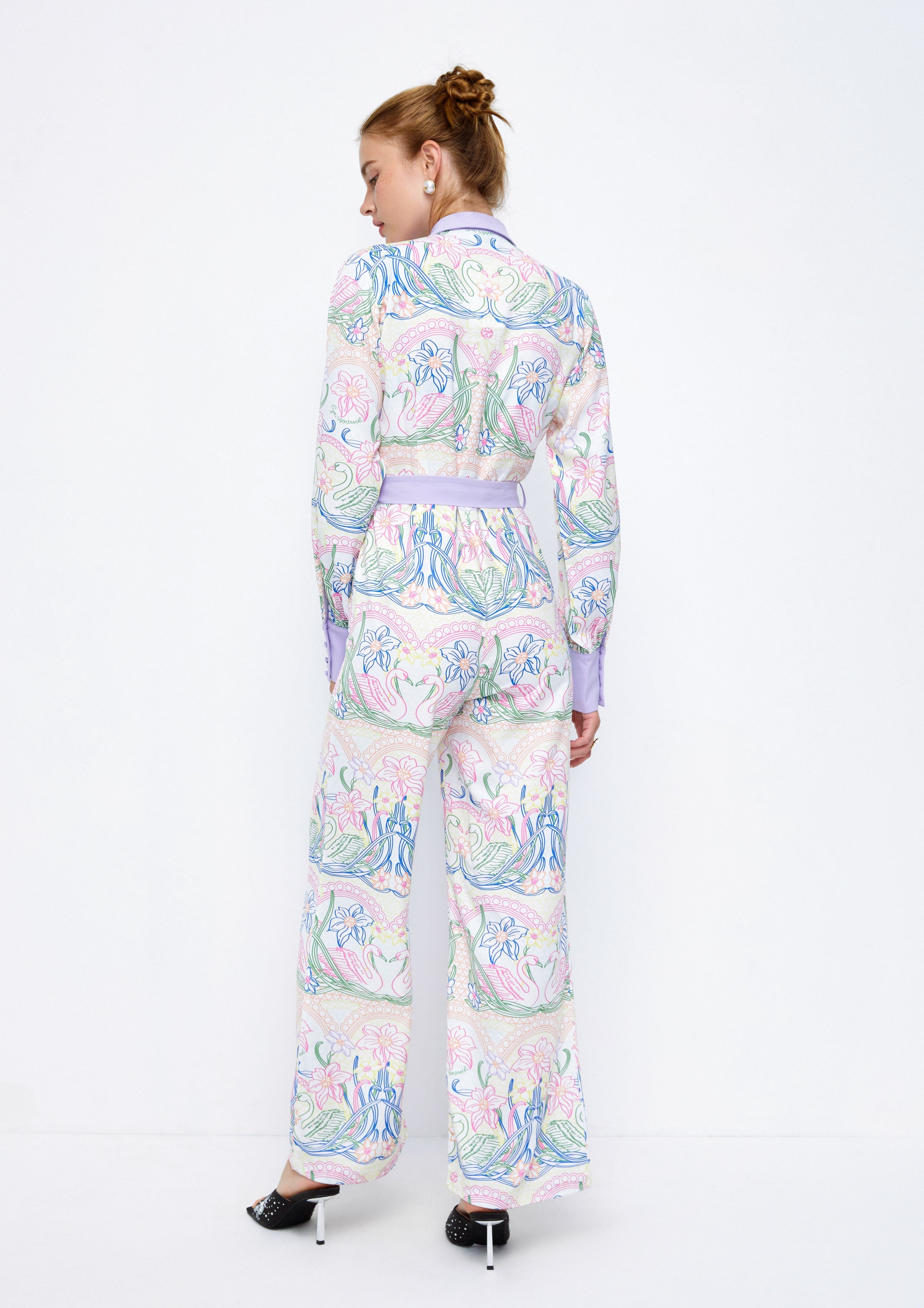 Swans and Floral Printed Long Sleeve Jumpsuit Lost In Museum Collection