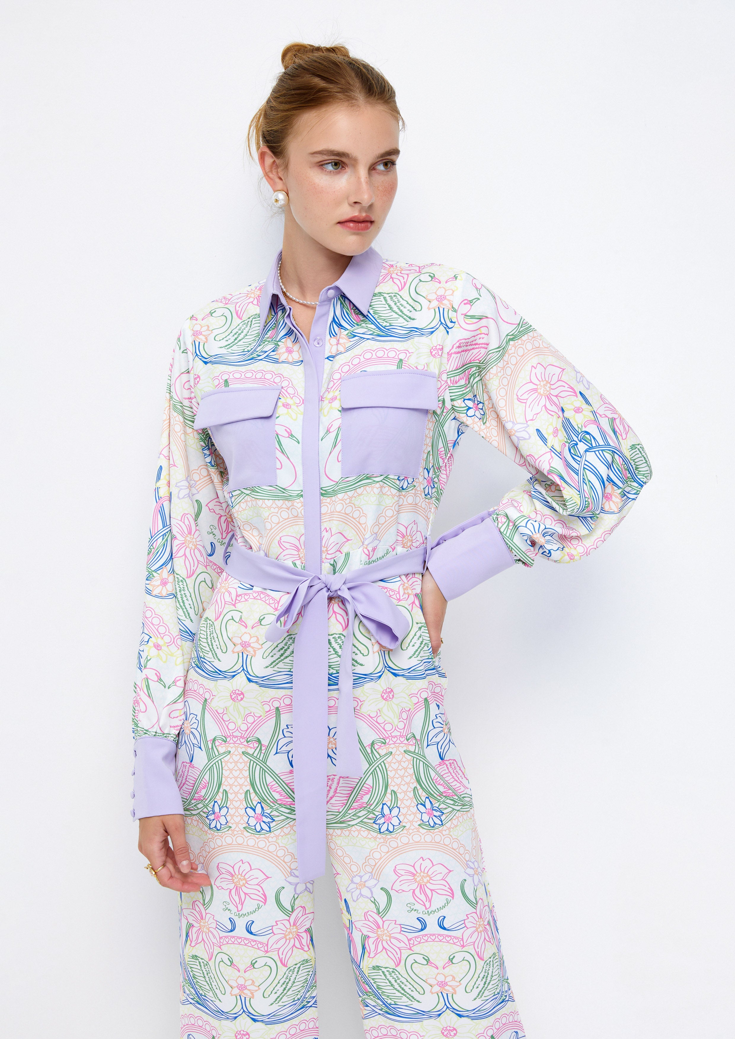 Swans and Floral Printed Long Sleeve Jumpsuit Lost In Museum Collection