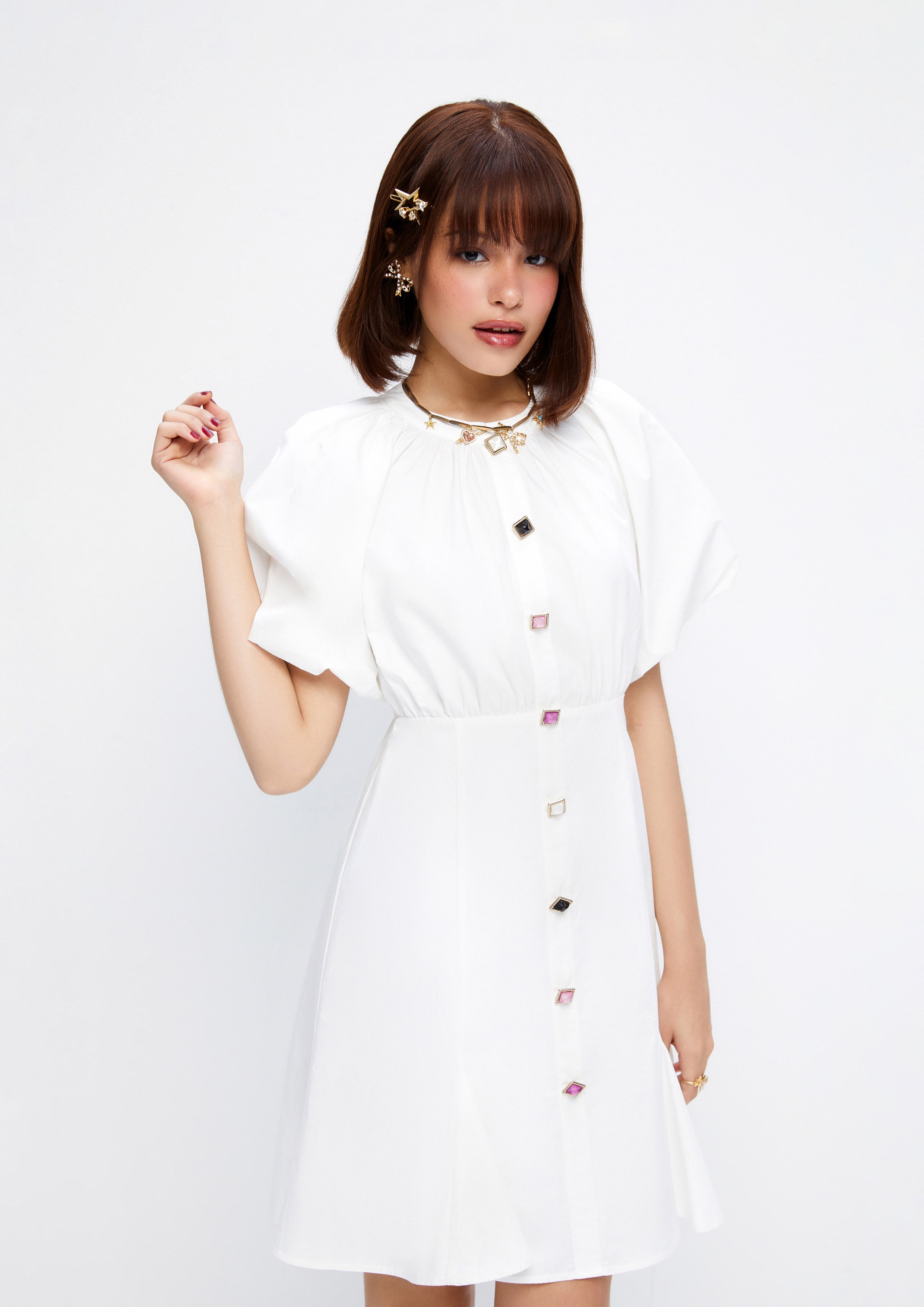 Diamond Button Puffed Sleeve Mini Dress Lost In Museum Collection