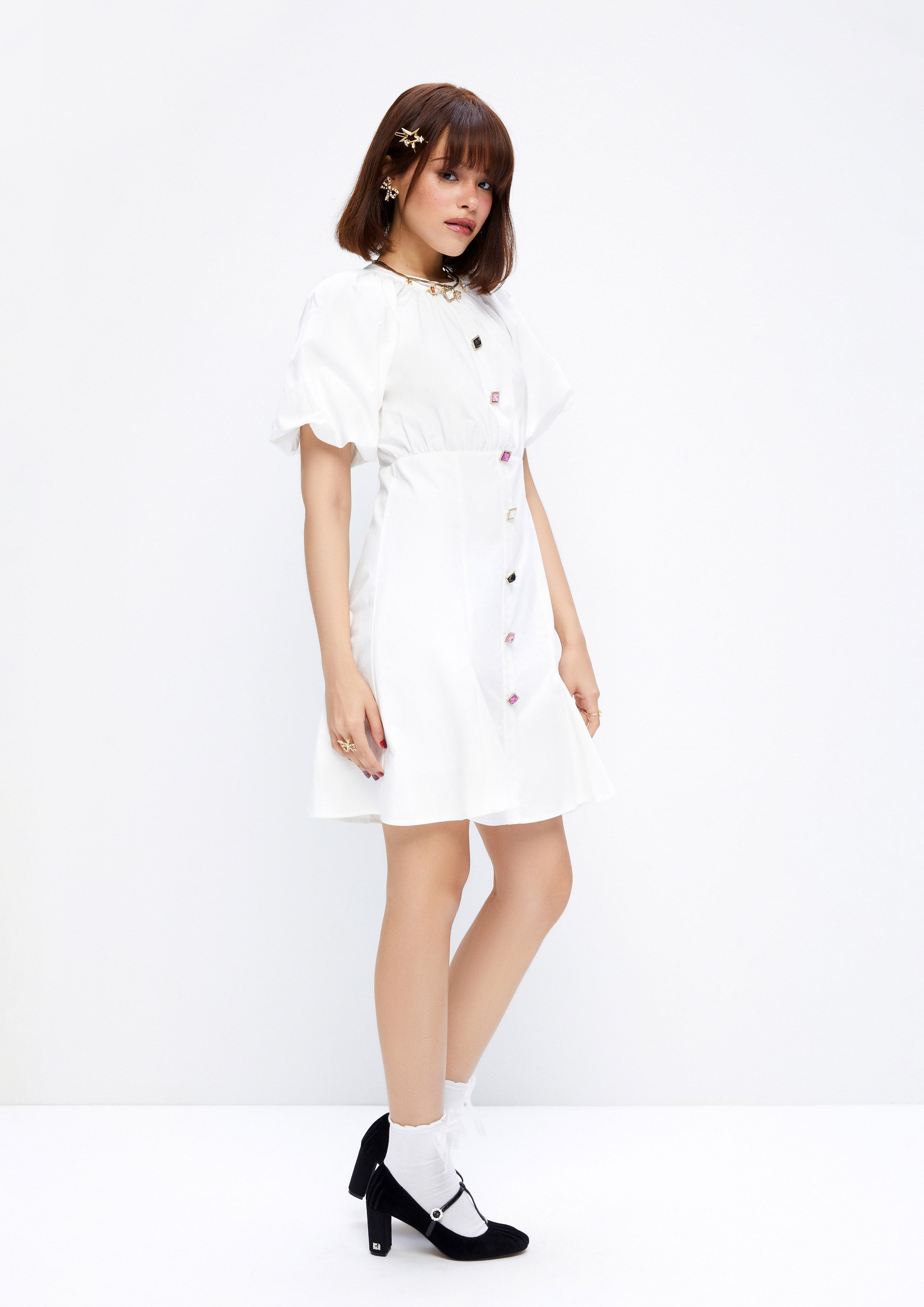 Diamond Button Puffed Sleeve Mini Dress Lost In Museum Collection